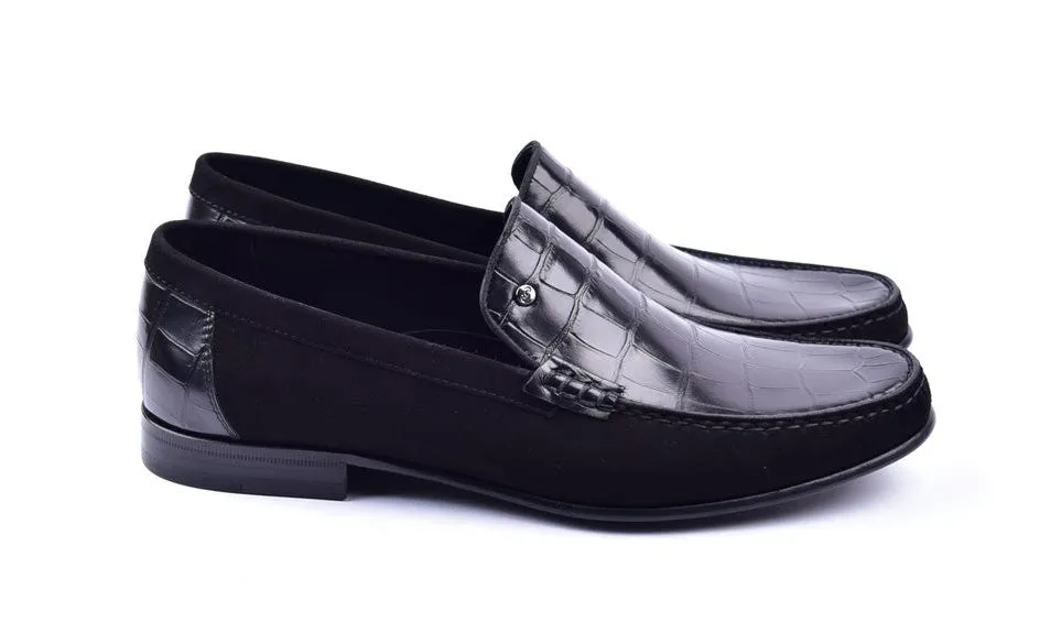 Corrente Crocodile Geprägtes Kalbsleder & Wildleder Loafer Schwarz