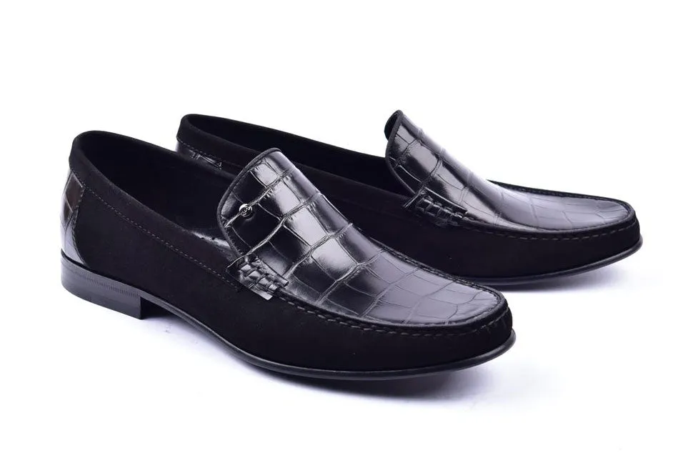Corrente Crocodile Geprägtes Kalbsleder & Wildleder Loafer Schwarz