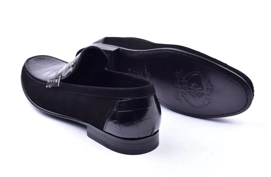 Corrente Crocodile Geprägtes Kalbsleder & Wildleder Loafer Schwarz