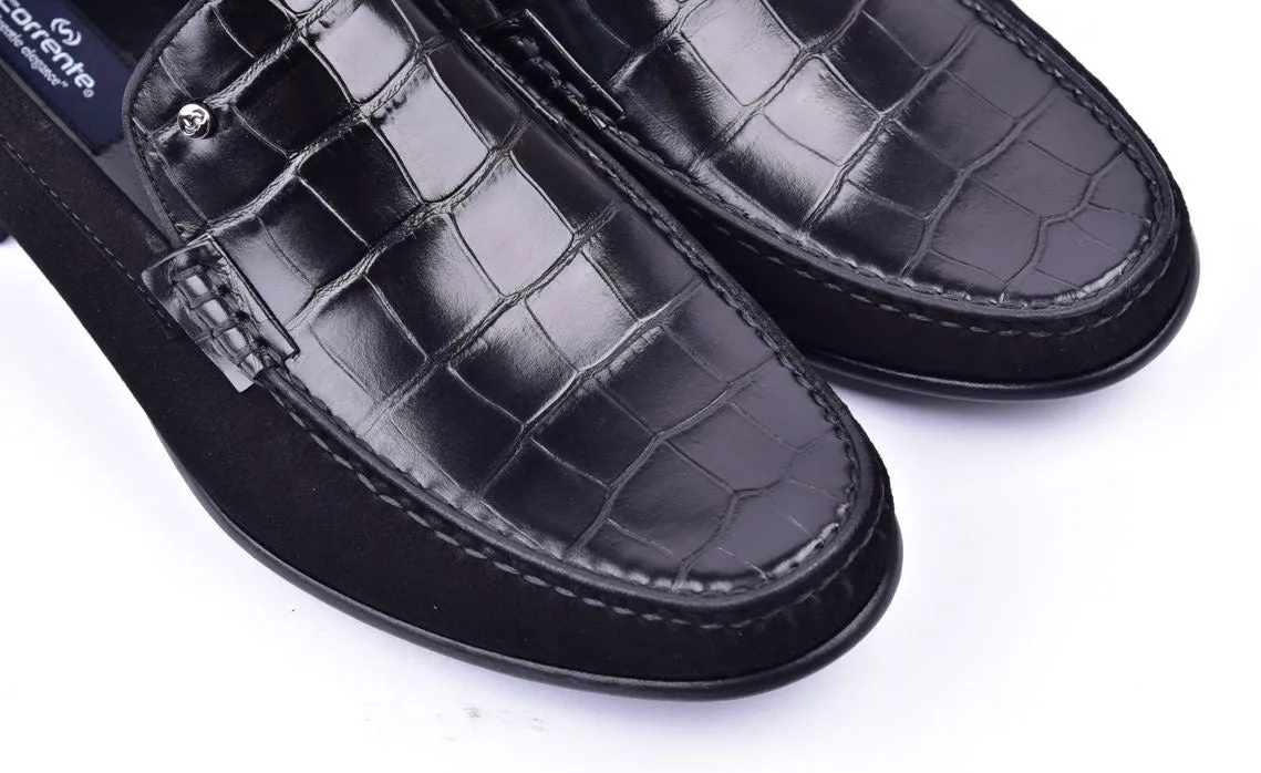 Corrente Crocodile Geprägtes Kalbsleder & Wildleder Loafer Schwarz