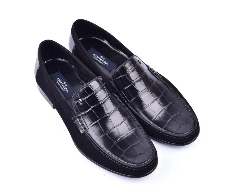 Corrente Crocodile Geprägtes Kalbsleder & Wildleder Loafer Schwarz