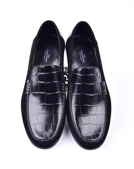 Corrente Crocodile Geprägtes Kalbsleder & Wildleder Loafer Schwarz