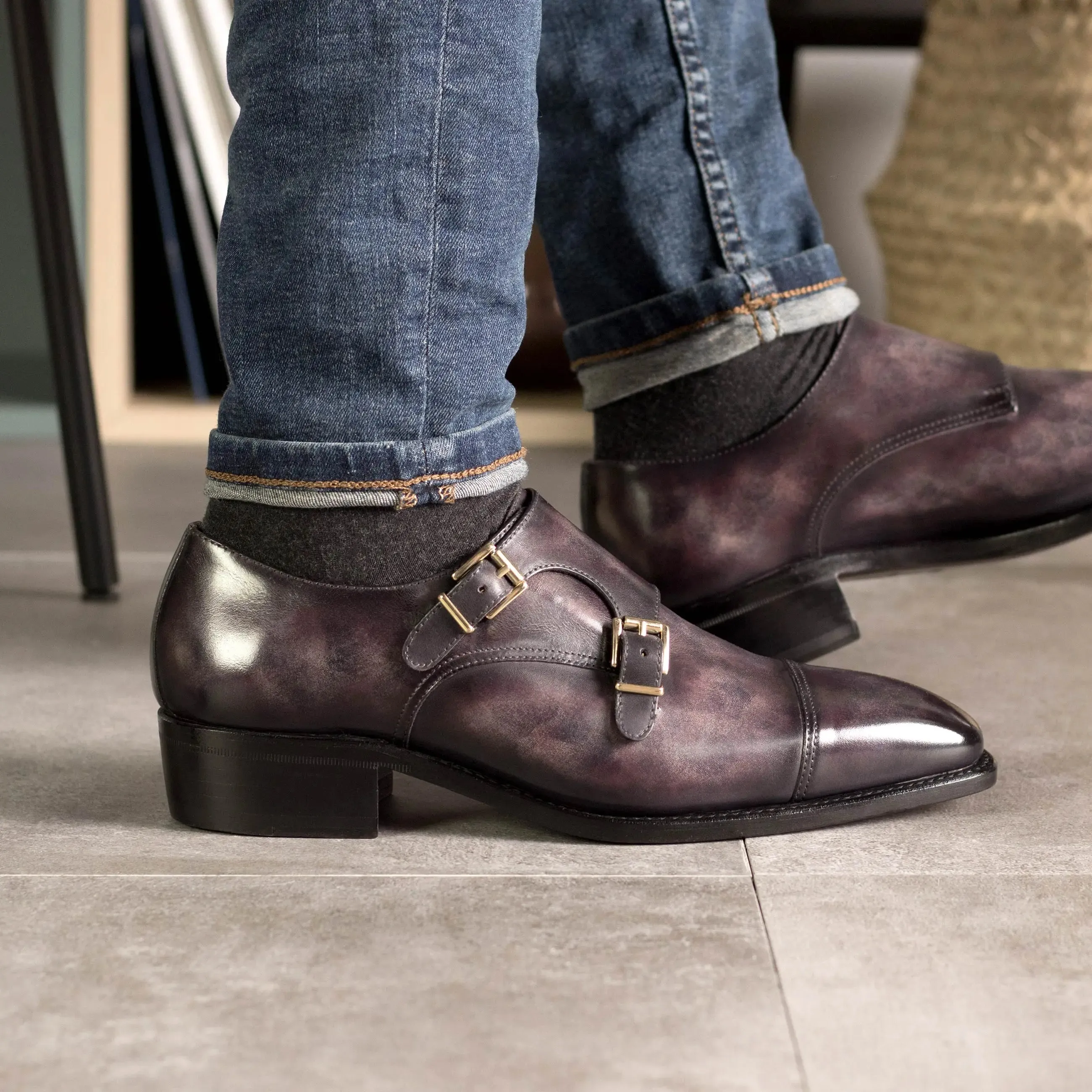 Dapperfam Schuhe DapperFam Monaco in Aubergine Herren-Handbemalte Patina Doppelmonkstrap