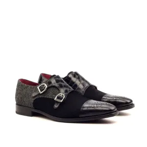 Dapperfam Schuhe DapperFam Monaco in Schwarz / Nagelkopf Herren Maßschneiderei & Italienisches Wildleder & Prägleder Doppelmonk