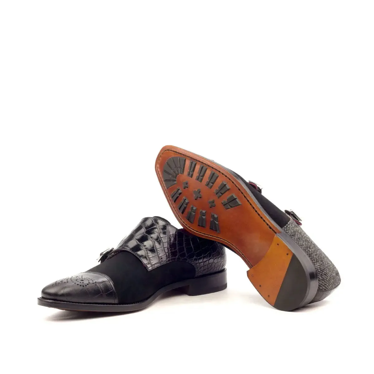 Dapperfam Schuhe DapperFam Monaco in Schwarz / Nagelkopf Herren Maßschneiderei & Italienisches Wildleder & Prägleder Doppelmonk
