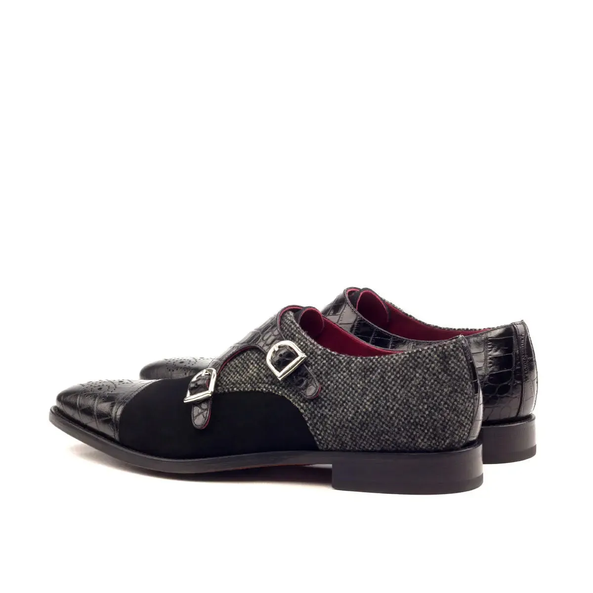 Dapperfam Schuhe DapperFam Monaco in Schwarz / Nagelkopf Herren Maßschneiderei & Italienisches Wildleder & Prägleder Doppelmonk
