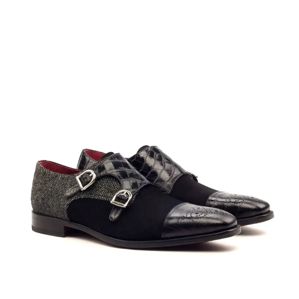 Dapperfam Schuhe DapperFam Monaco in Schwarz / Nagelkopf Herren Maßschneiderei & Italienisches Wildleder & Prägleder Doppelmonk