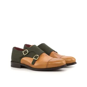 Dapperfam Schuhe DapperFam Monaco in Cognac / Grün Herren Flanell & Italienisches Leder Doppelmonk