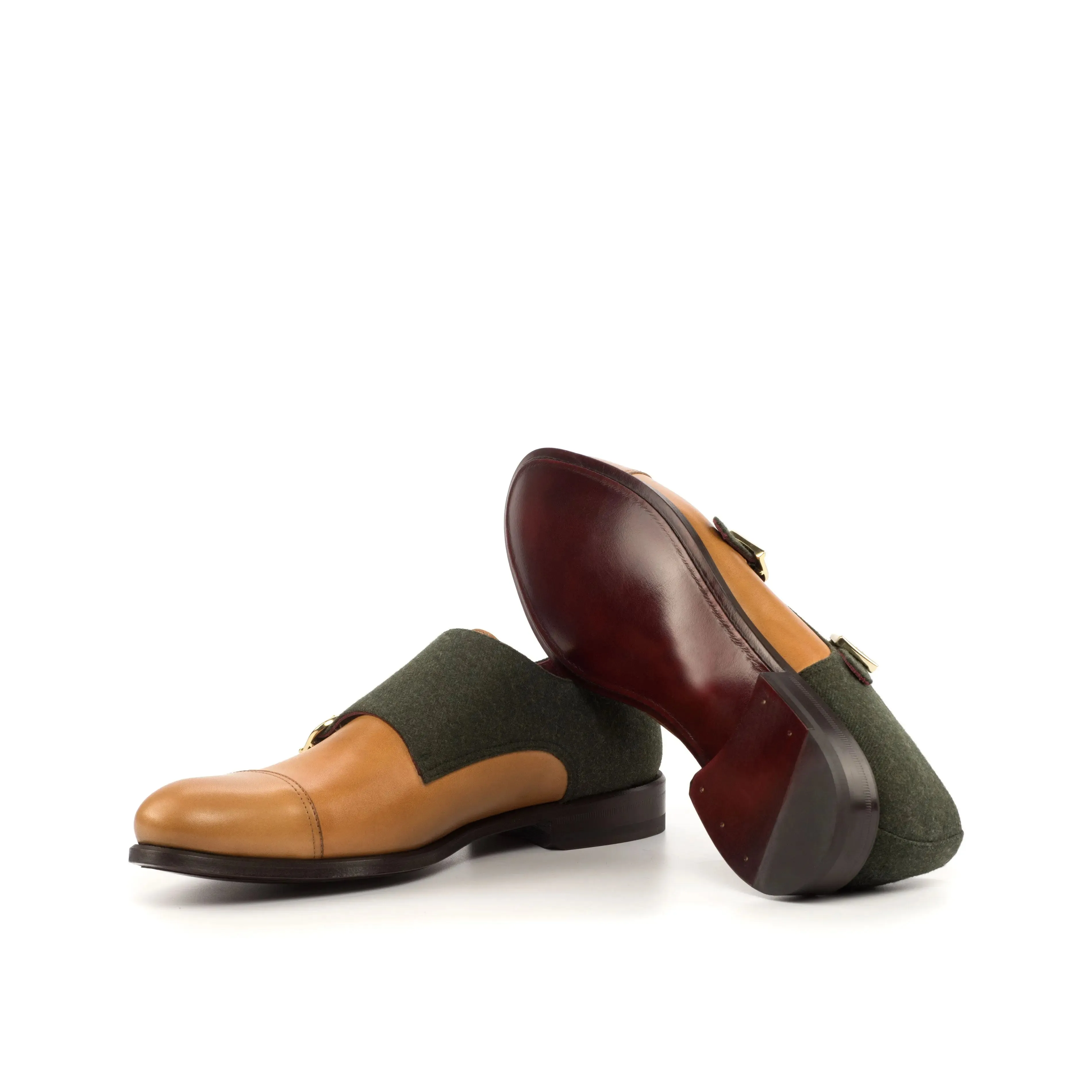 Dapperfam Schuhe DapperFam Monaco in Cognac / Grün Herren Flanell & Italienisches Leder Doppelmonk