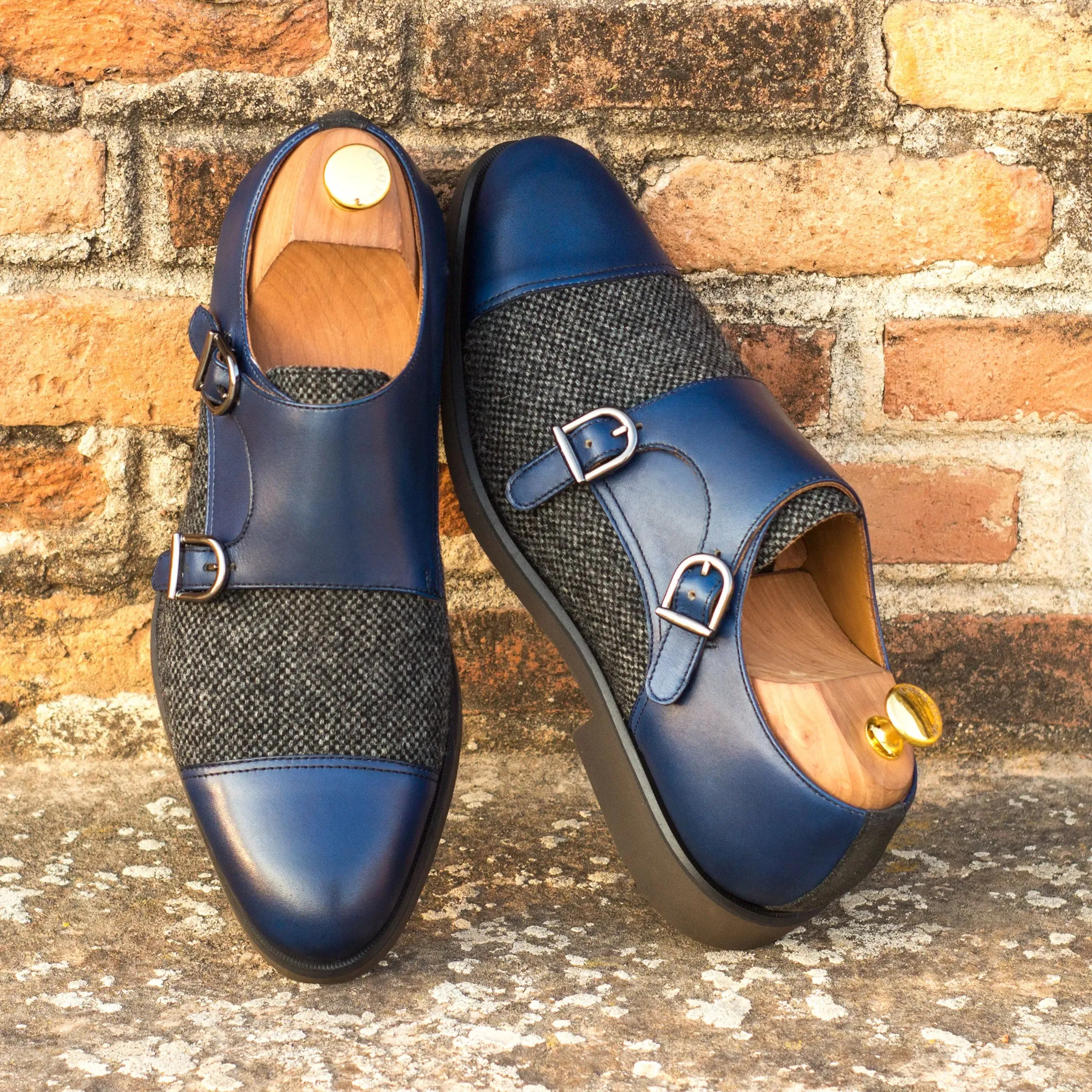 Dapperfam Schuhe DapperFam Monaco in Marineblau / Nagelkopf / Grau Herren Maßschneiderei & Luxus Wildleder & Italienisches Leder Doppelmonk
