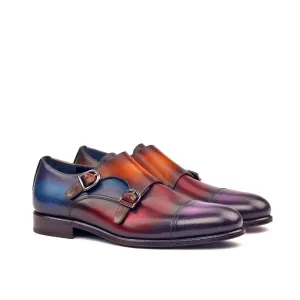 Dapperfam Schuhe DapperFam Monaco in Lila / Denim / Cognac / Blackwatch Herren Maßschneider & Handbemalte Patina Doppelmonk