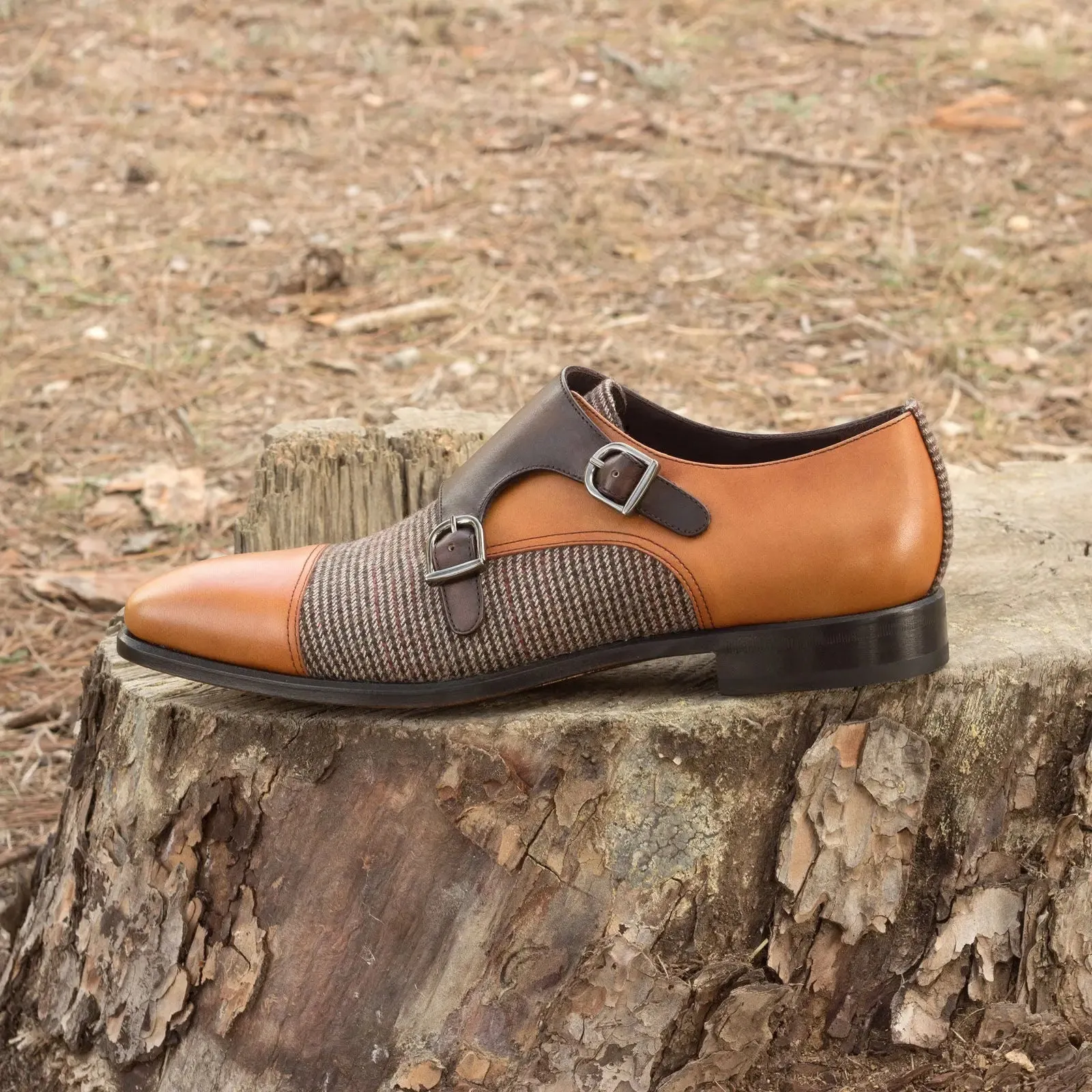 Dapperfam Schuhe DapperFam Monaco in Tweed / Cognac / Dunkelbraun Herren Maßschuh & Italienisches Leder Doppelmonk