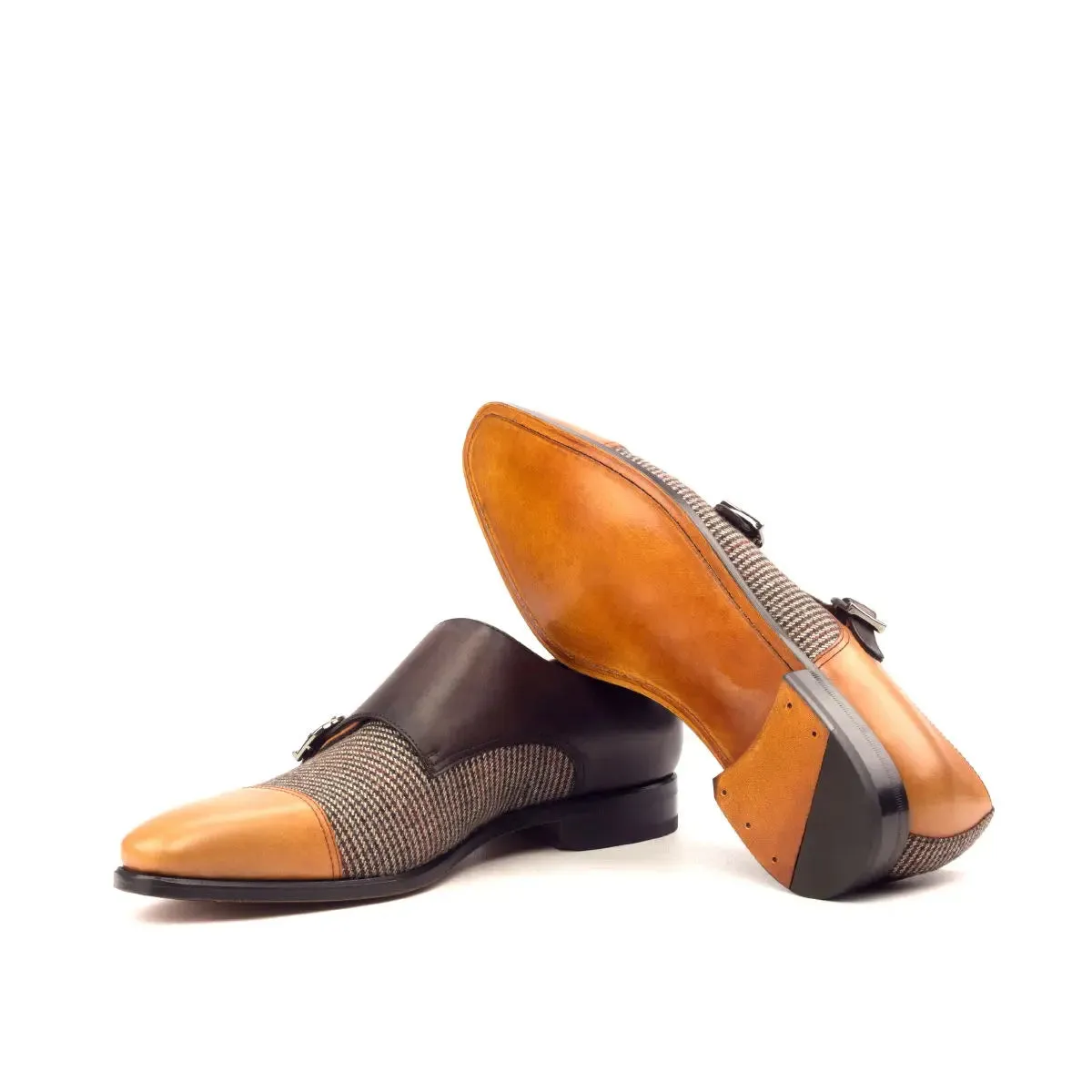 Dapperfam Schuhe DapperFam Monaco in Tweed / Cognac / Dunkelbraun Herren Maßschuh & Italienisches Leder Doppelmonk