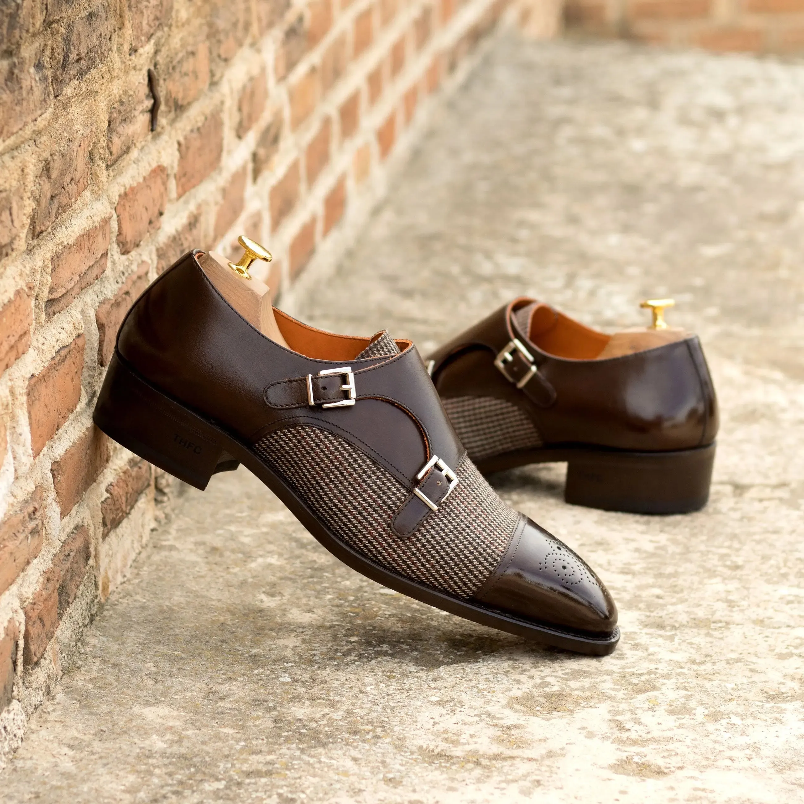 Dapperfam Schuhe DapperFam Monaco in Tweed / Dunkelbraun Herren Maßschuh & Italienisches Leder Doppelmonk