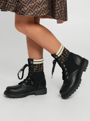 Fendi Kids Leder FF Logo Motorradstiefel in Schwarz