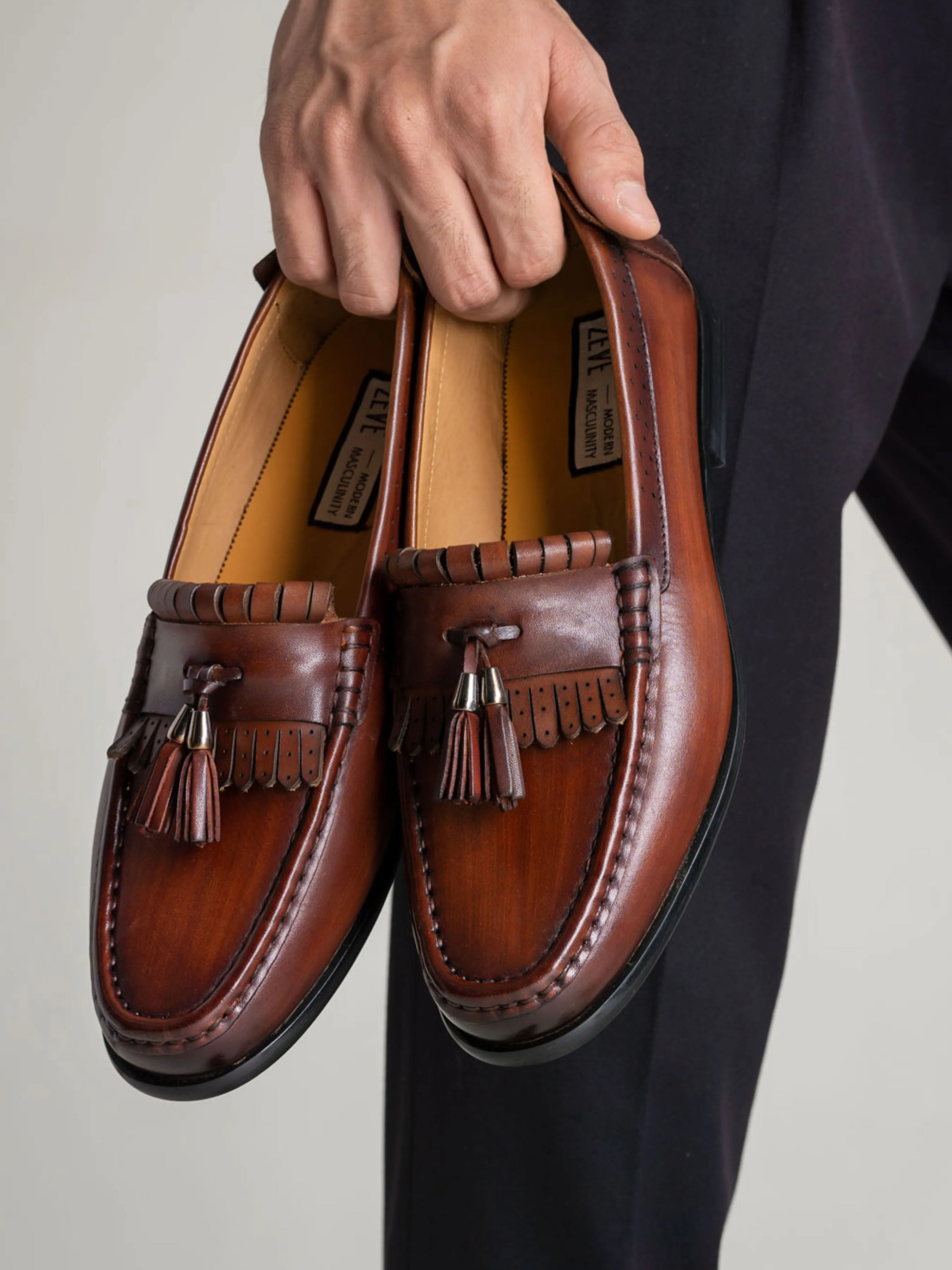 Fringe Classic Loafer - Cognacfarben mit Quaste (Handbemalte Patina)