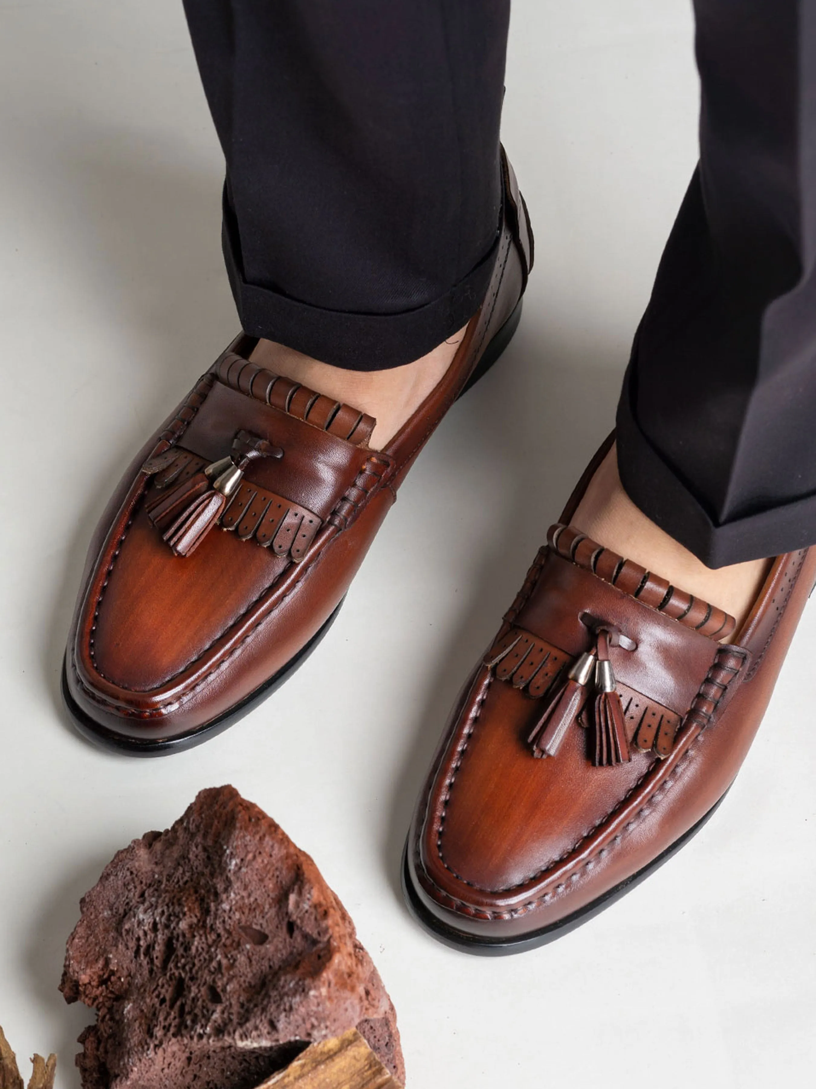 Fringe Classic Loafer - Cognacfarben mit Quaste (Handbemalte Patina)
