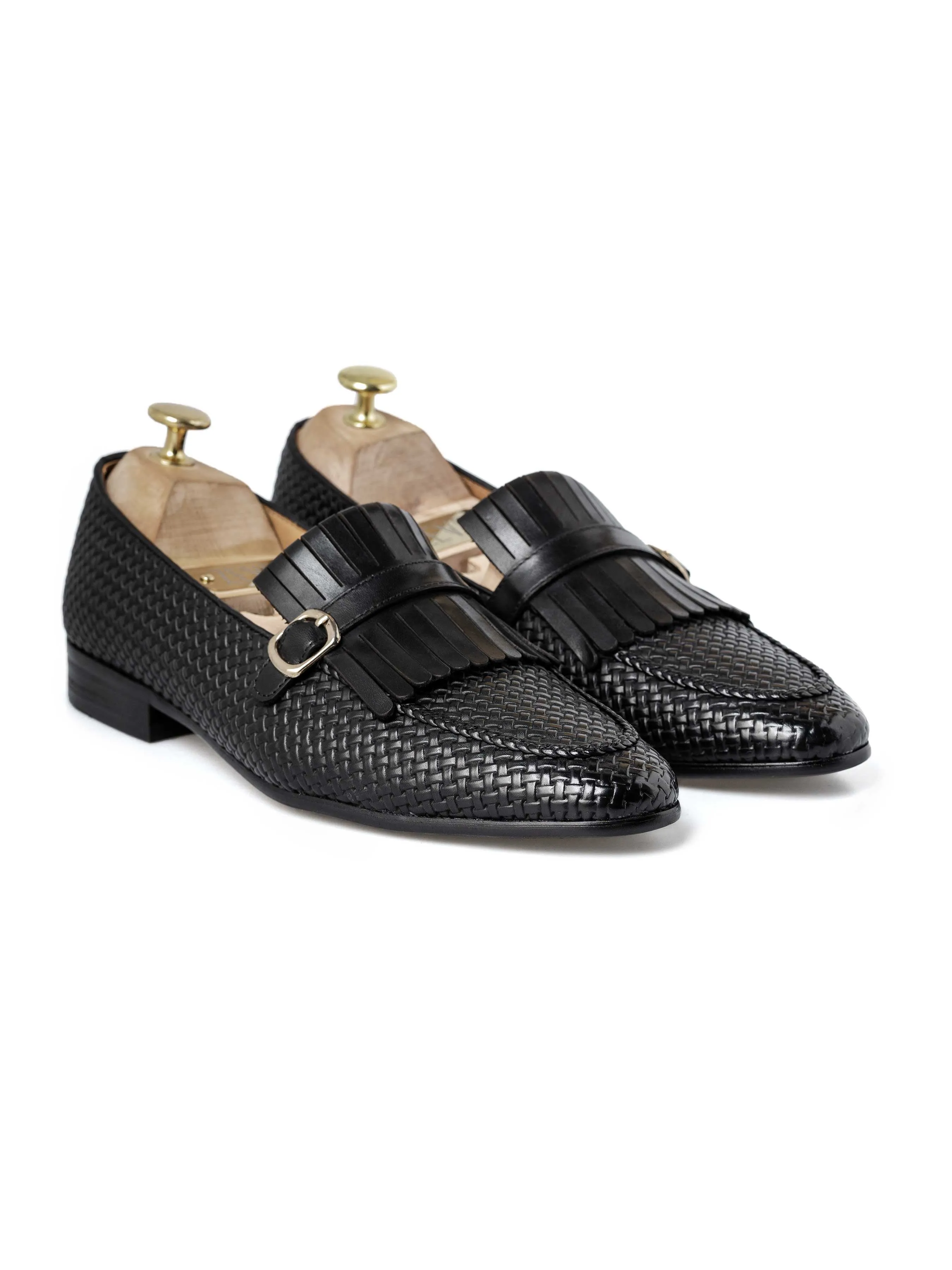 Fransen-Kiltie-Loafer - Schwarz Gewebtes Leder mit Seitenverschluss (Handbemalte Patina)