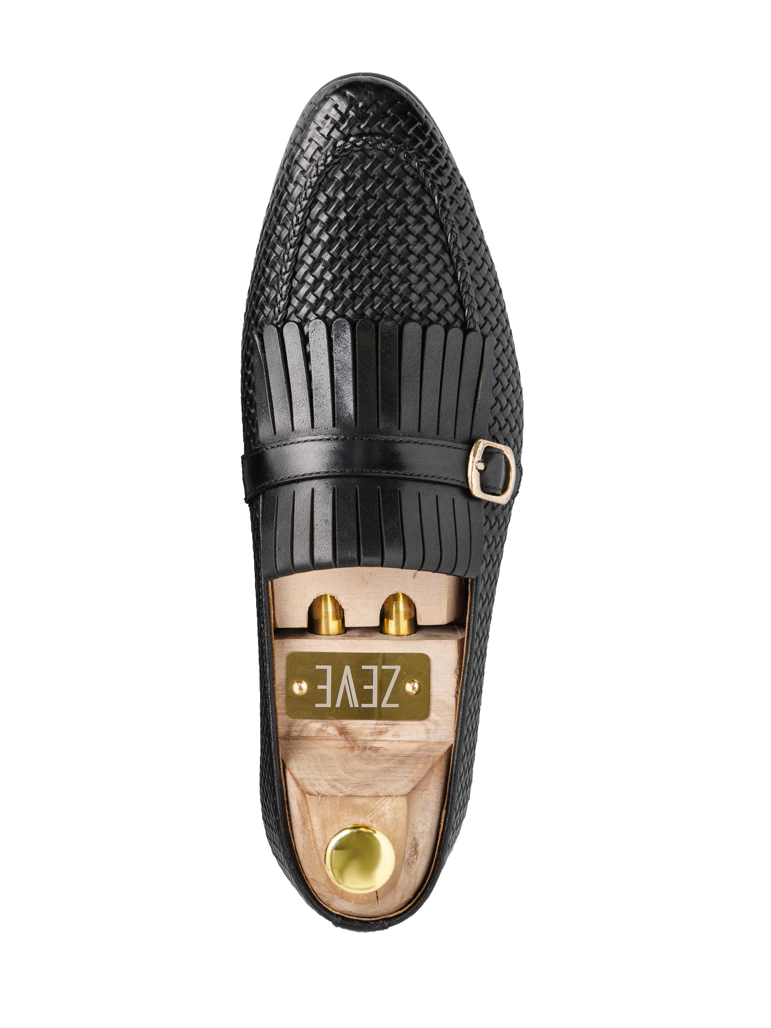 Fransen-Kiltie-Loafer - Schwarz Gewebtes Leder mit Seitenverschluss (Handbemalte Patina)