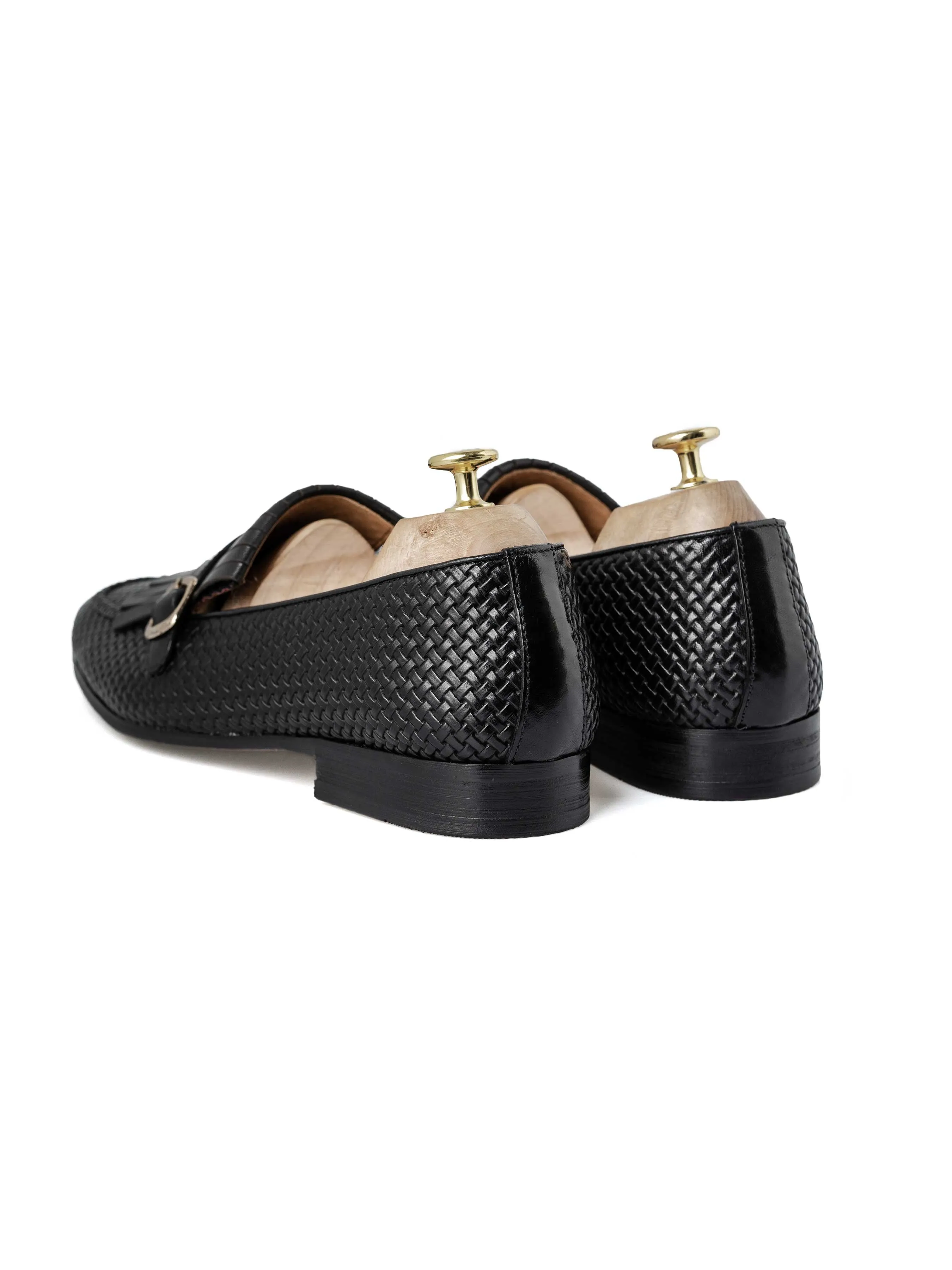 Fransen-Kiltie-Loafer - Schwarz Gewebtes Leder mit Seitenverschluss (Handbemalte Patina)