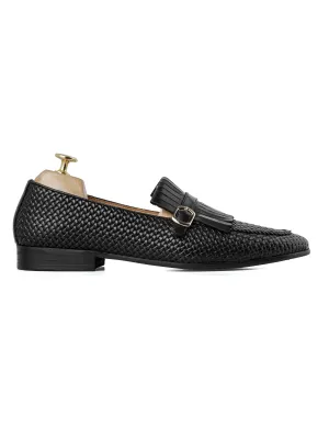 Fransen-Kiltie-Loafer - Schwarz Gewebtes Leder mit Seitenverschluss (Handbemalte Patina)