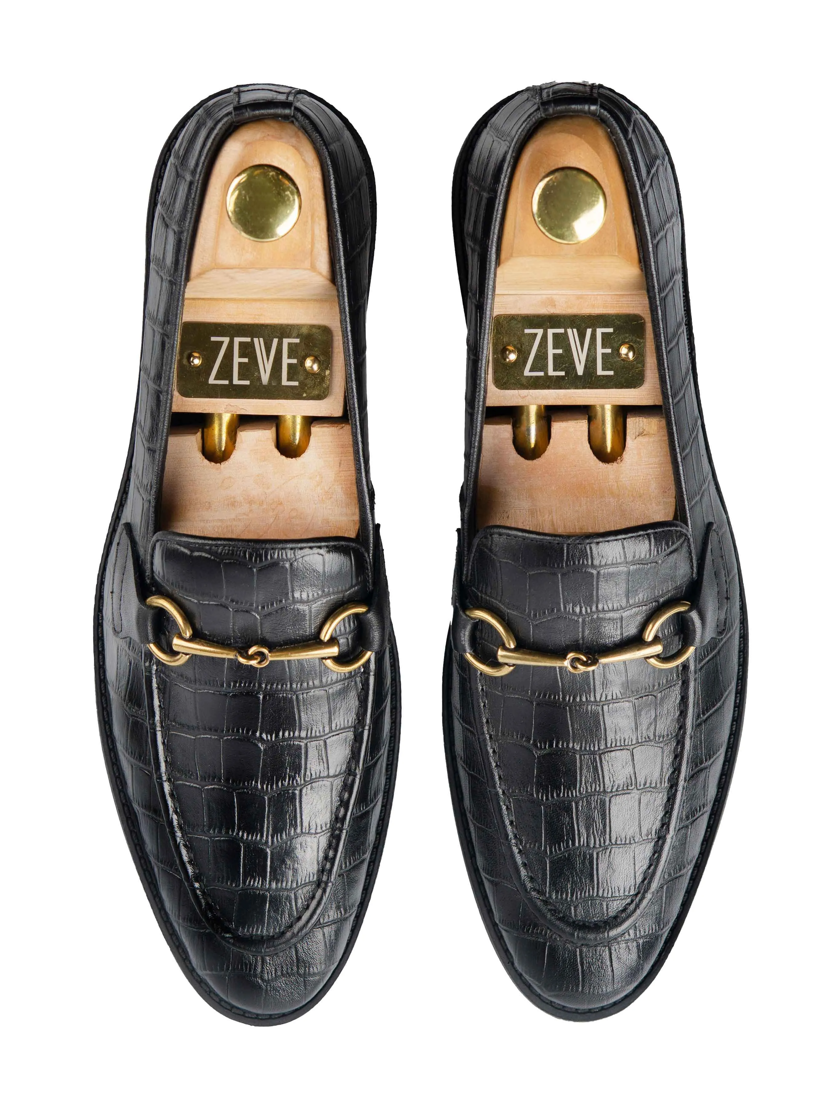 Horsebit-Schnallen-Loafer - Schwarzes Kroko-Leder (Flexi-Sohle)