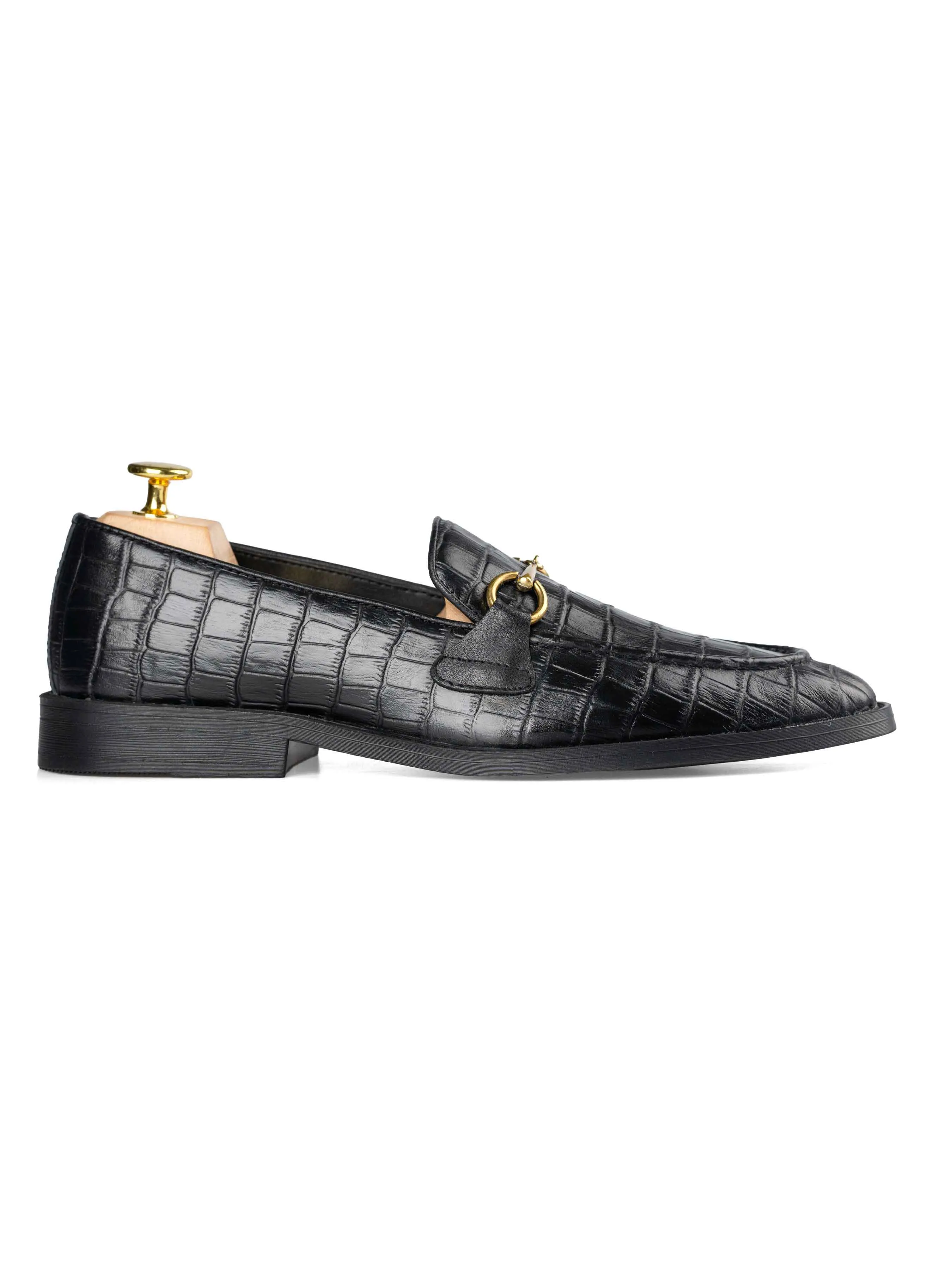 Horsebit-Schnallen-Loafer - Schwarzes Kroko-Leder (Flexi-Sohle)