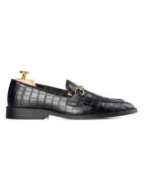 Horsebit-Schnallen-Loafer - Schwarzes Kroko-Leder (Flexi-Sohle)