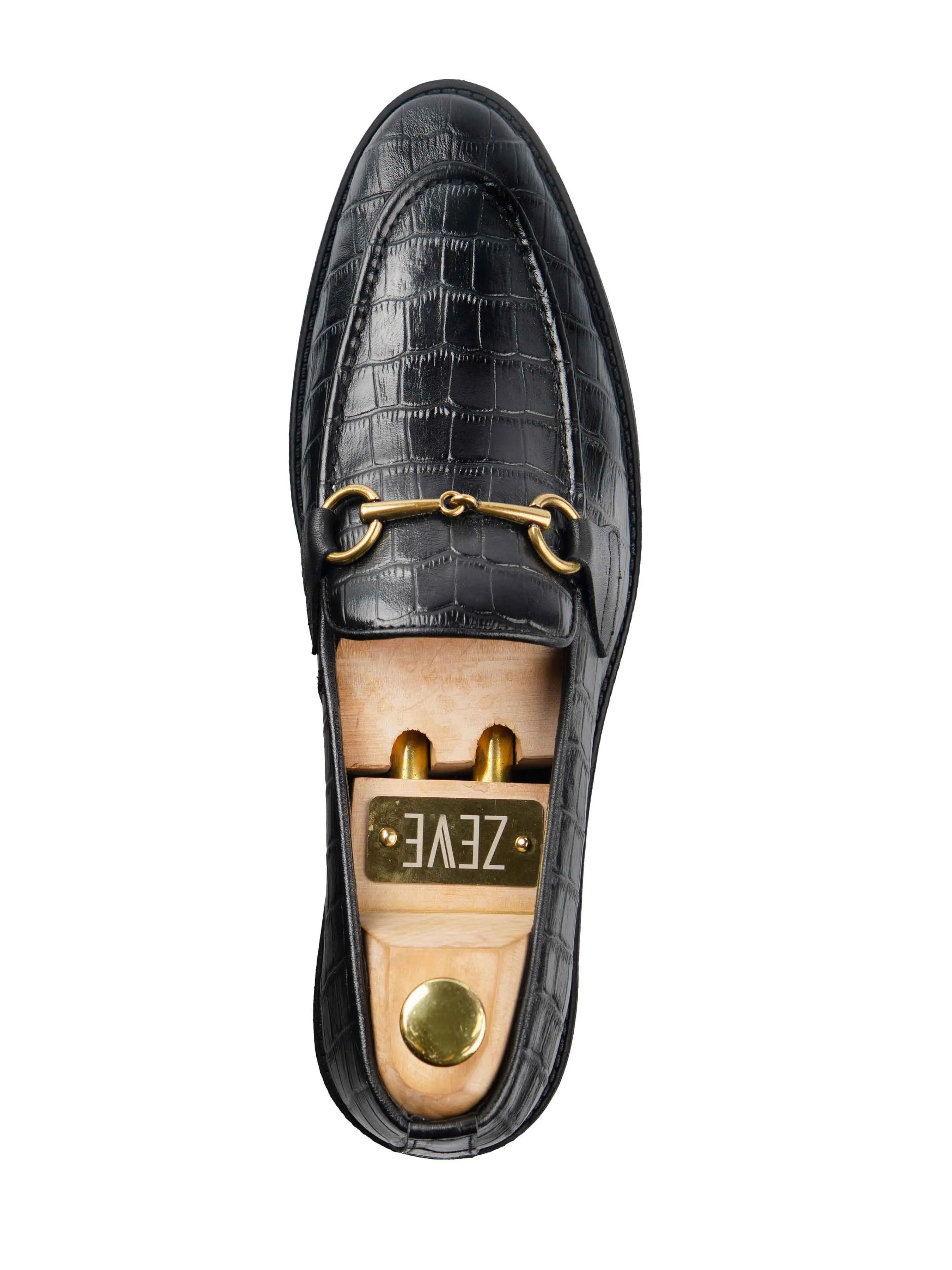 Horsebit-Schnallen-Loafer - Schwarzes Kroko-Leder (Flexi-Sohle)