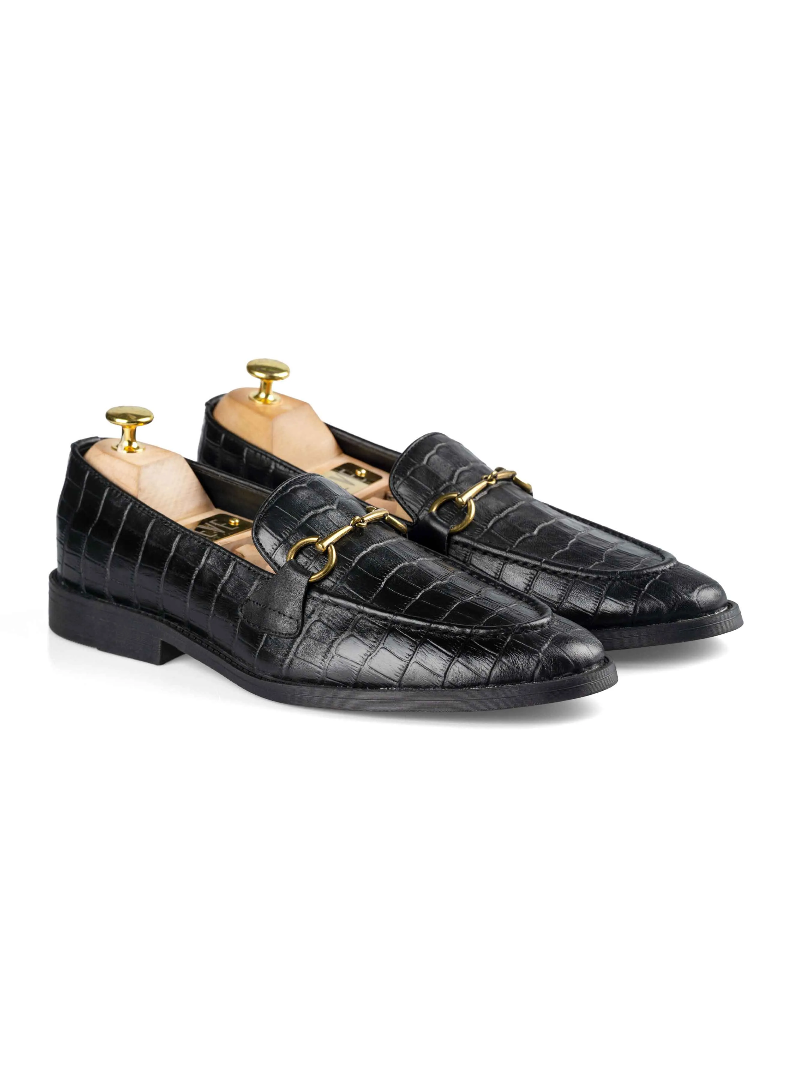 Horsebit-Schnallen-Loafer - Schwarzes Kroko-Leder (Flexi-Sohle)