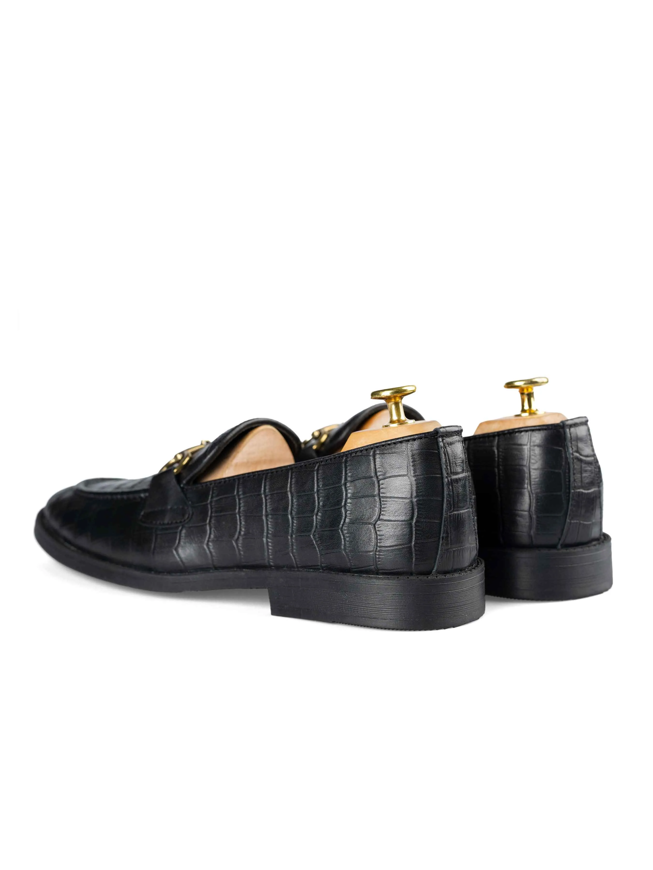 Horsebit-Schnallen-Loafer - Schwarzes Kroko-Leder (Flexi-Sohle)