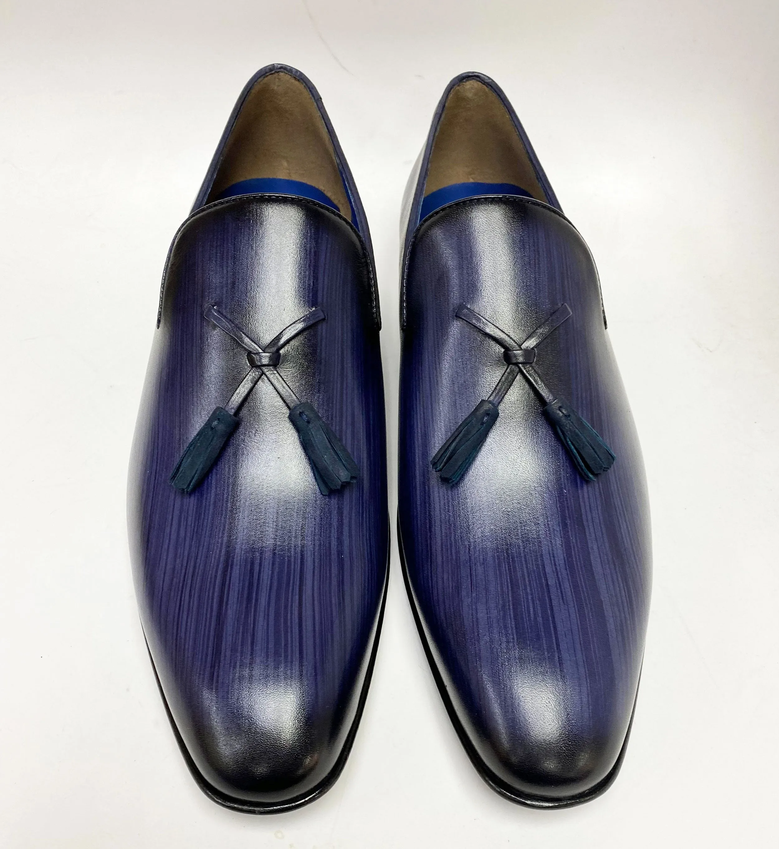 Jean Pierre Handpoliertes Kalbsleder-Penny-Loafer mit Quaste in Marineblau