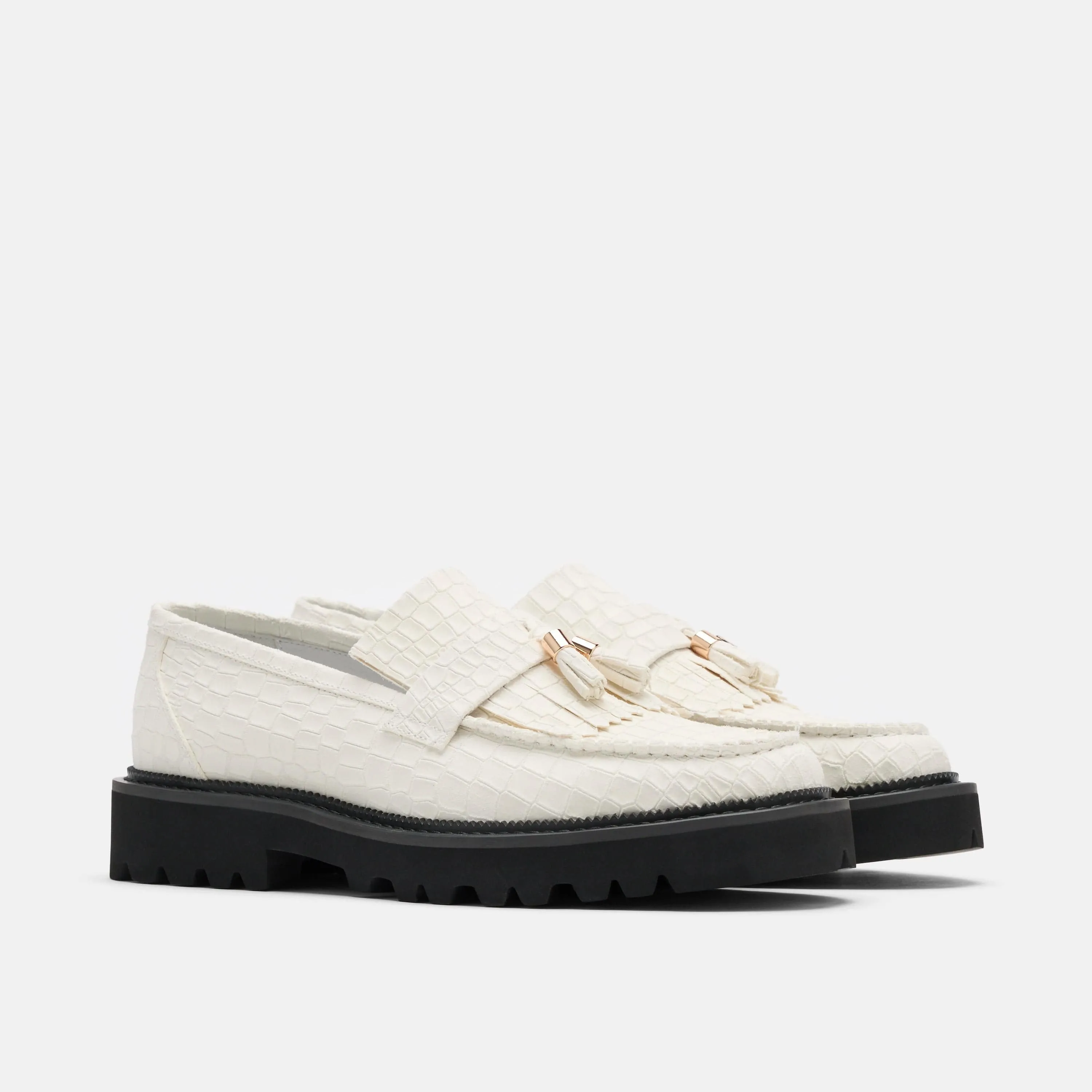 Journey Weißes Croc-Suede Lug-Quasten-Loafer