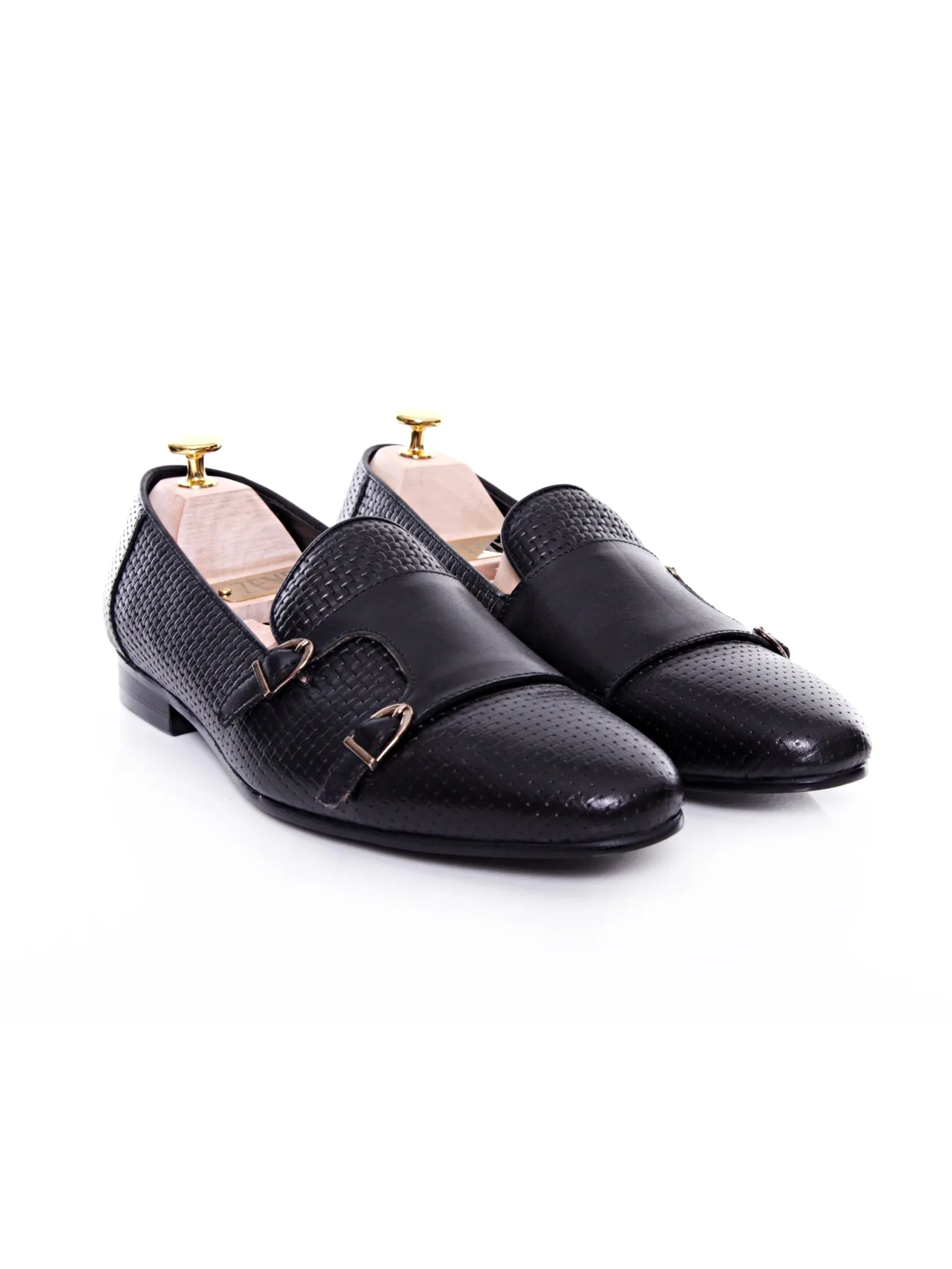 Loafer Pantoffel - Schwarz Doppelmonkriemen mit gewebtem Leder