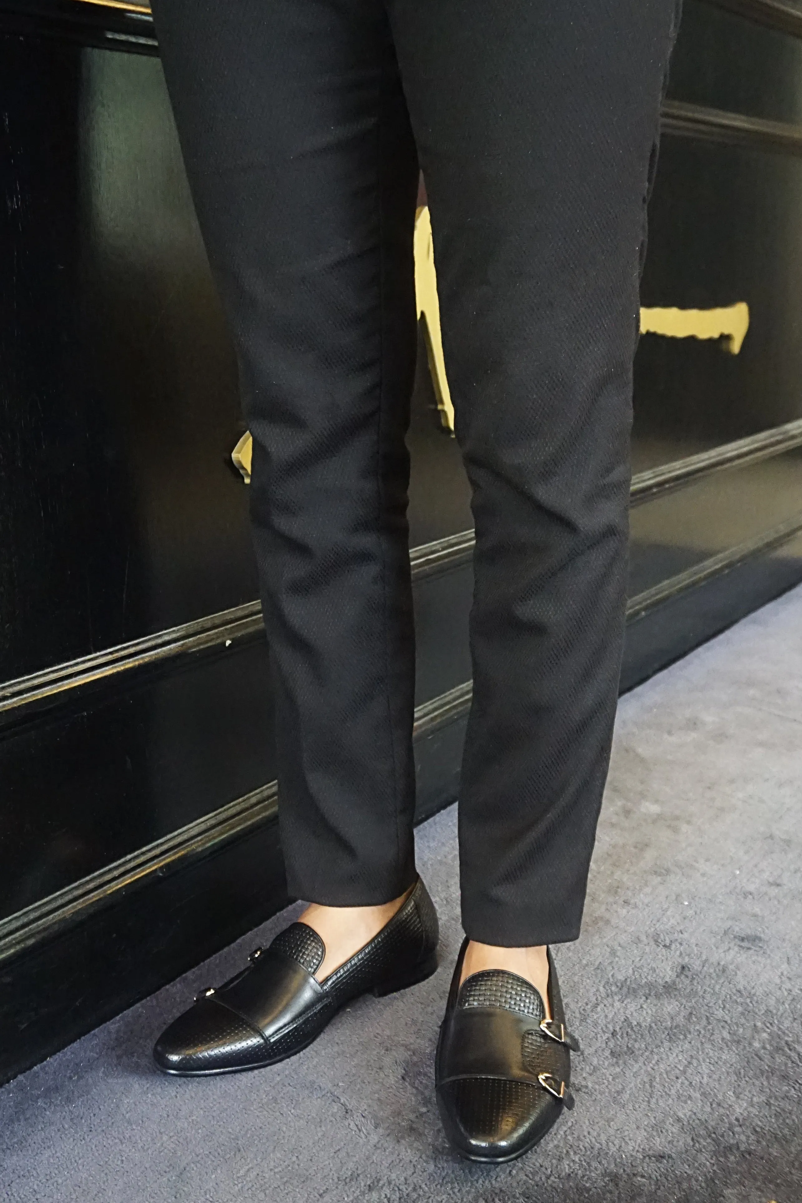 Loafer Pantoffel - Schwarz Doppelmonkriemen mit gewebtem Leder