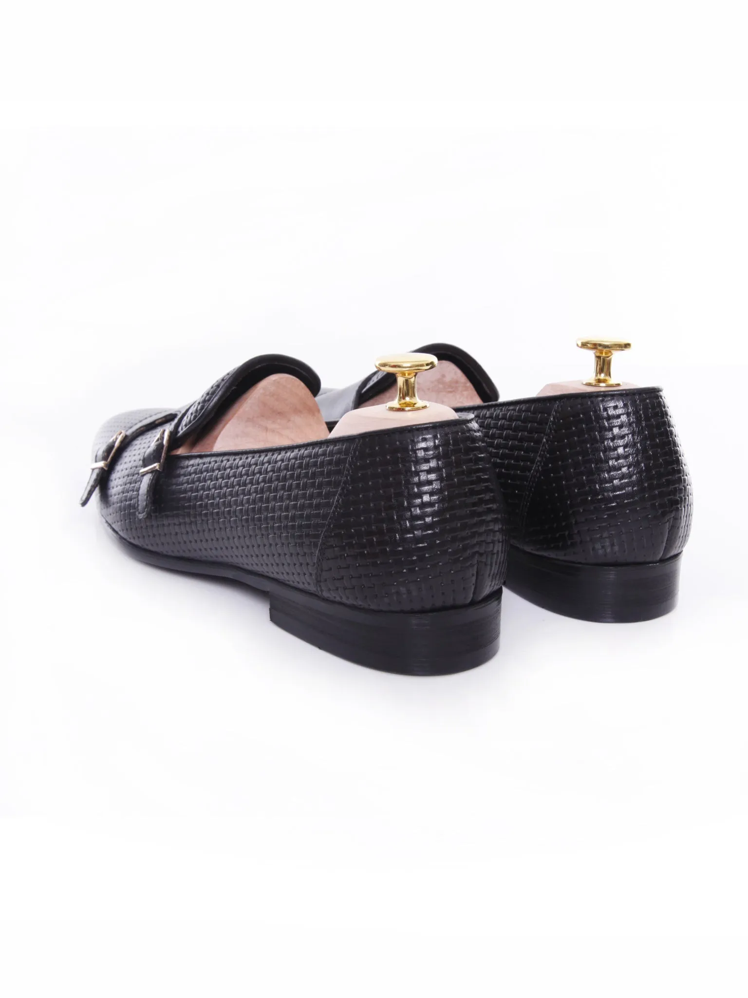 Loafer Pantoffel - Schwarz Doppelmonkriemen mit gewebtem Leder