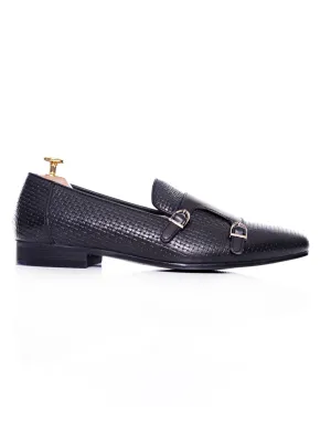 Loafer Pantoffel - Schwarz Doppelmonkriemen mit gewebtem Leder