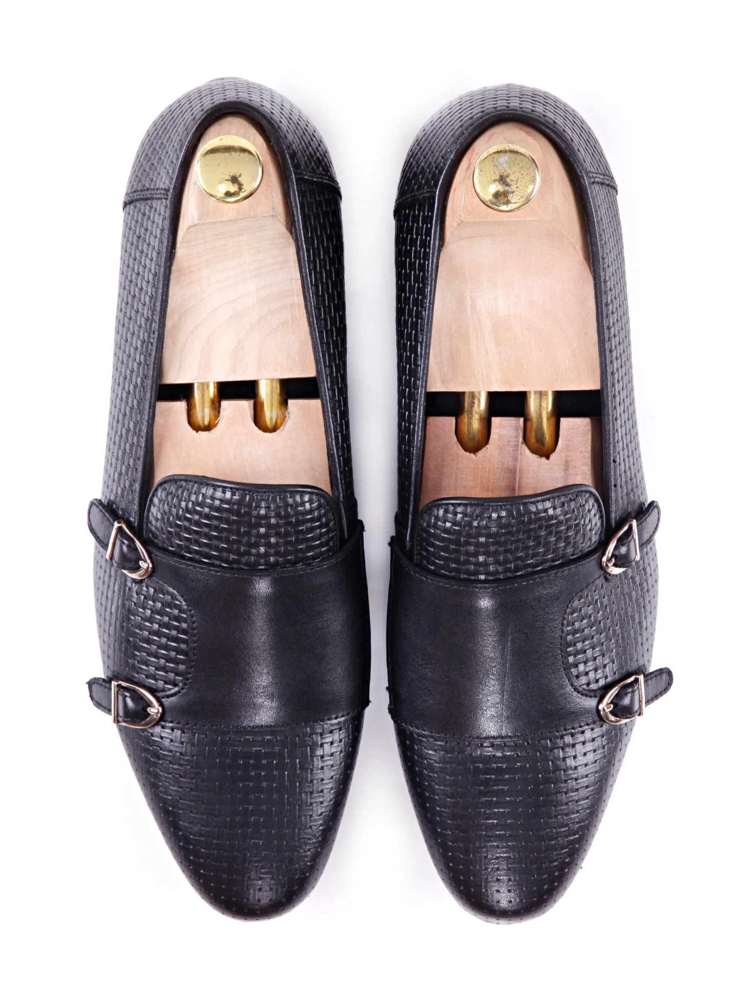 Loafer Pantoffel - Schwarz Doppelmonkriemen mit gewebtem Leder