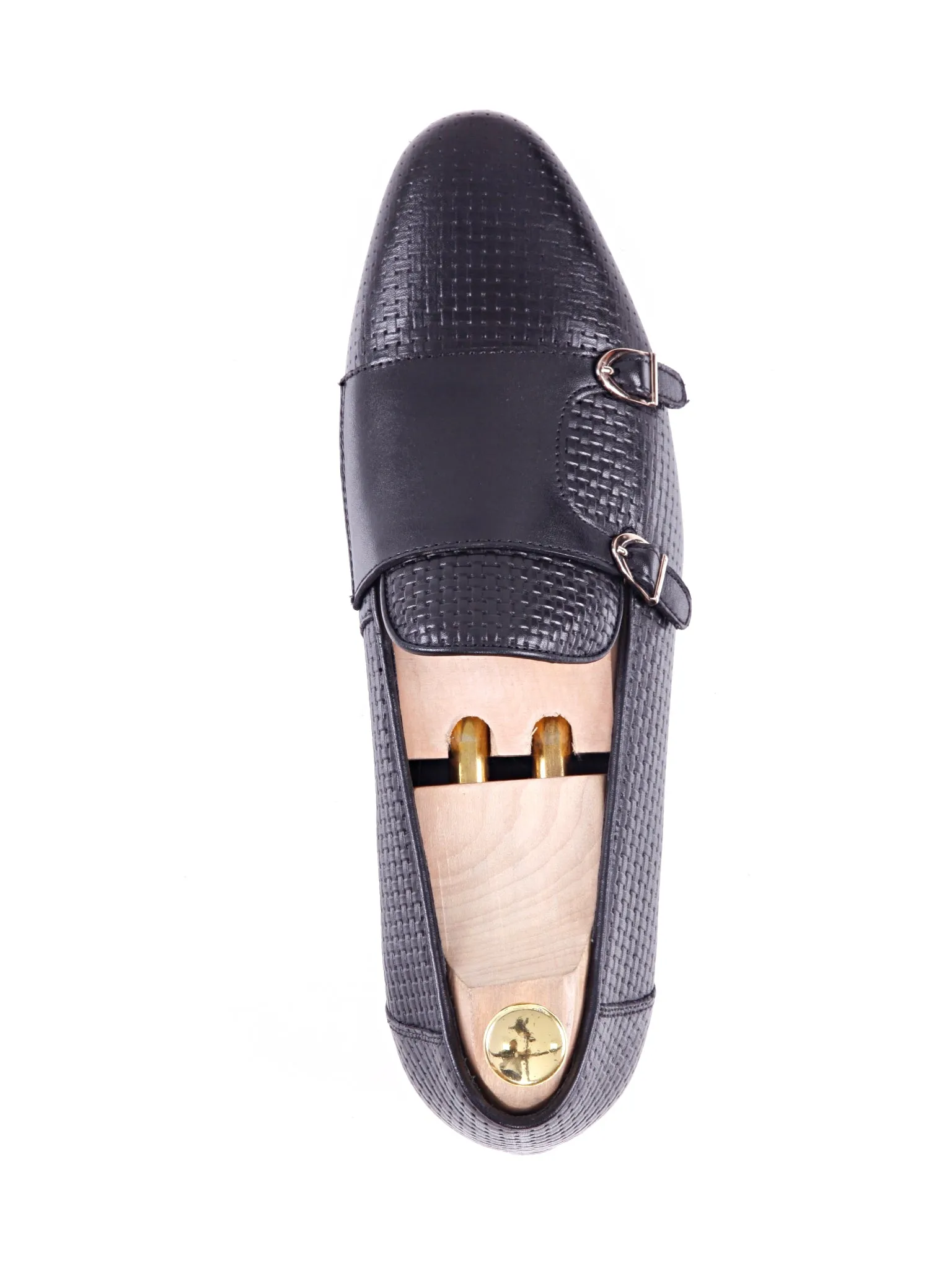 Loafer Pantoffel - Schwarz Doppelmonkriemen mit gewebtem Leder