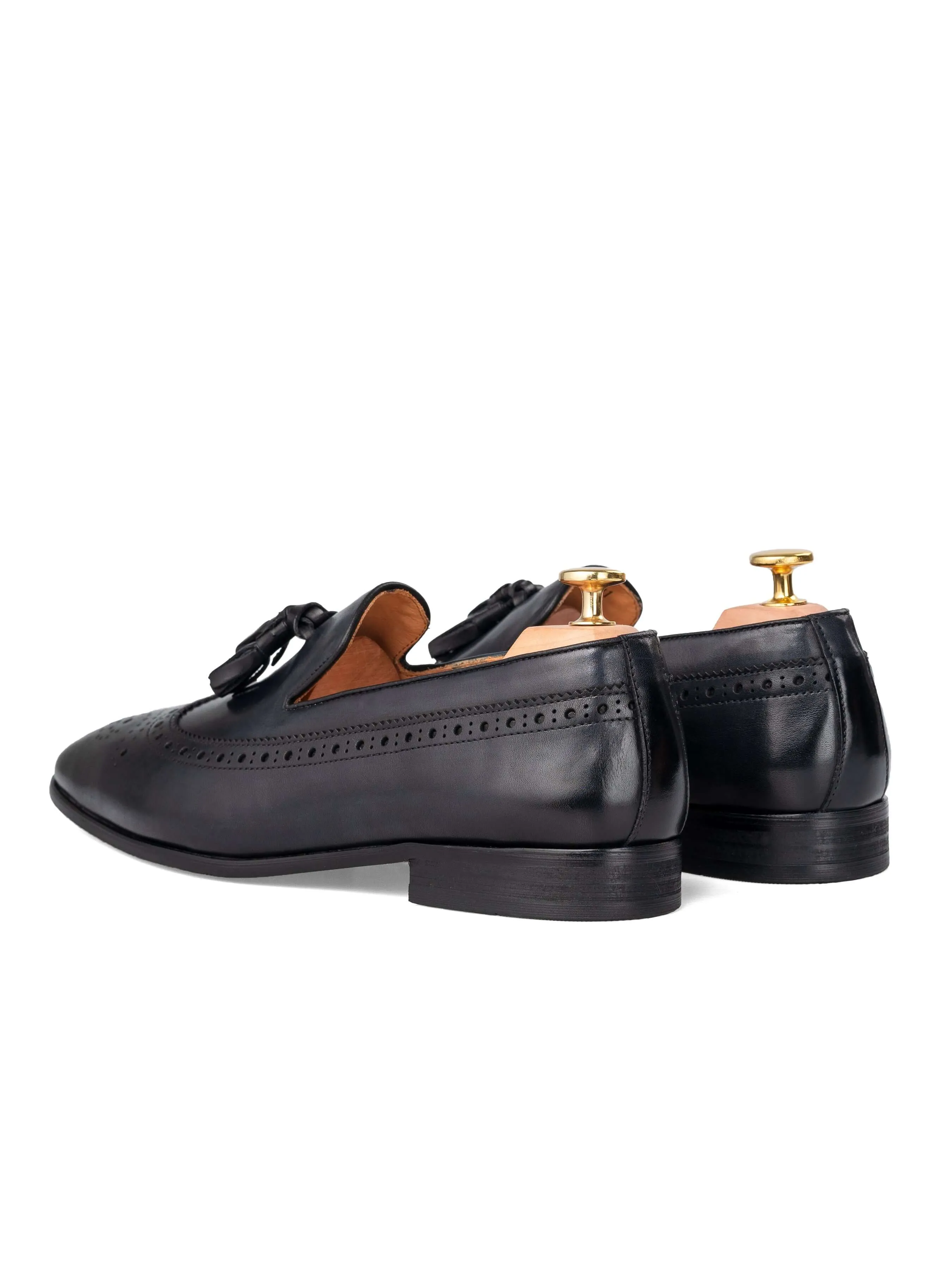 Loafer Pantoffel Longwing Brogue - Schwarz Grau mit Quaste (Handbemalte Patina)