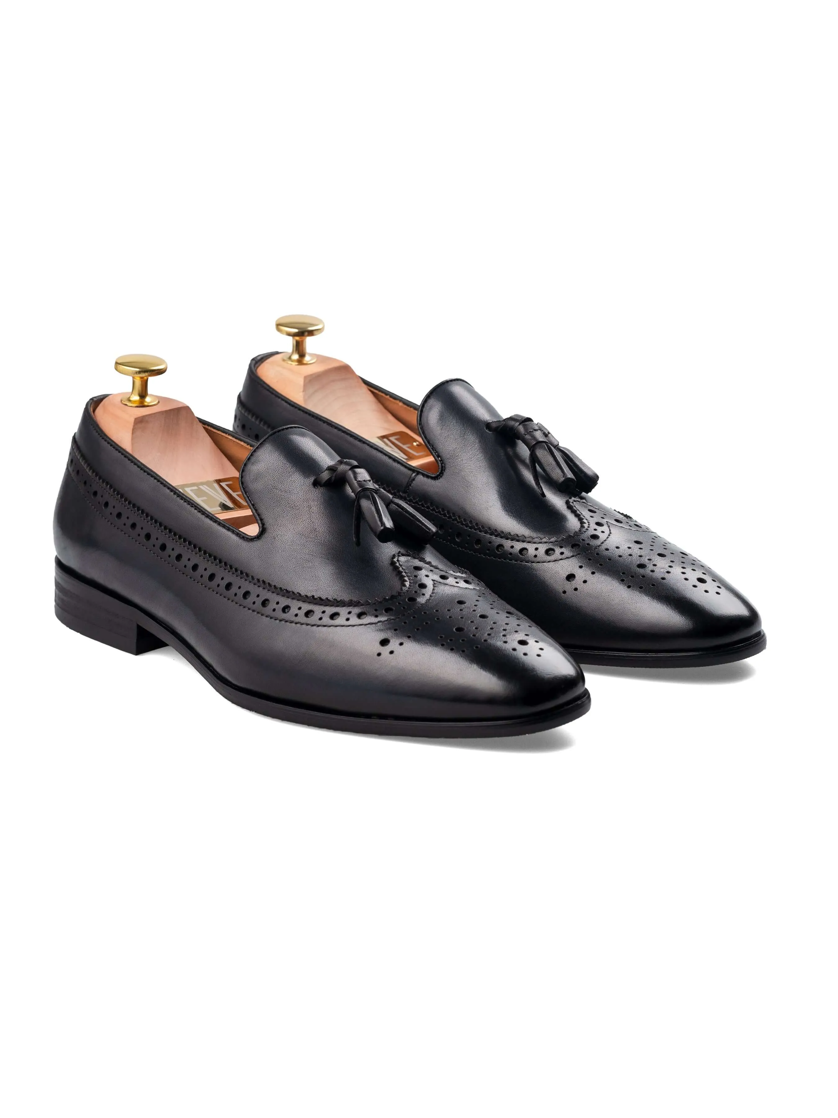 Loafer Pantoffel Longwing Brogue - Schwarz Grau mit Quaste (Handbemalte Patina)