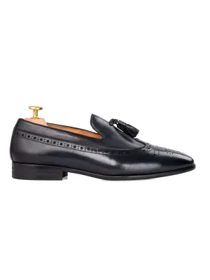 Loafer Pantoffel Longwing Brogue - Schwarz Grau mit Quaste (Handbemalte Patina)