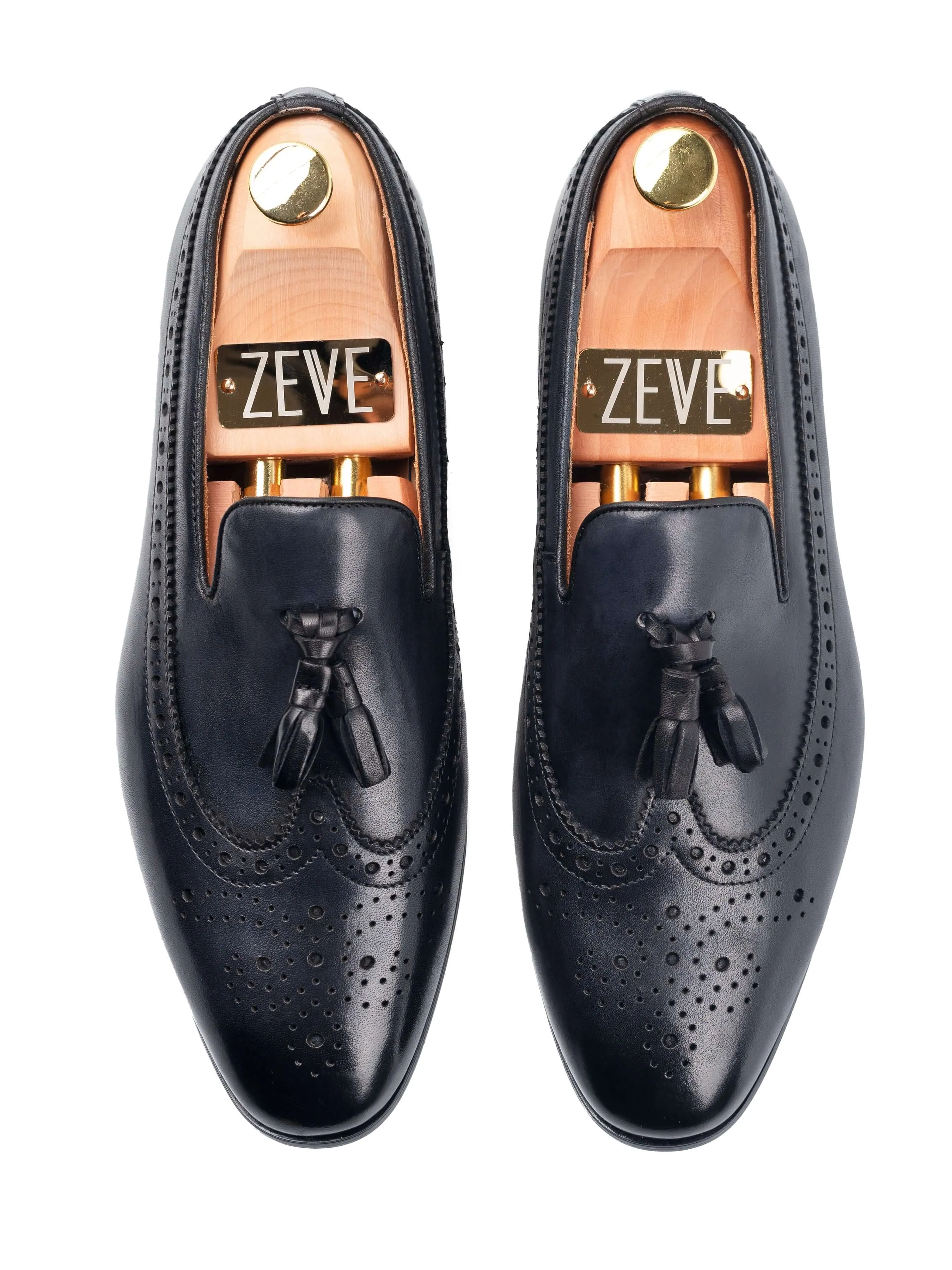 Loafer Pantoffel Longwing Brogue - Schwarz Grau mit Quaste (Handbemalte Patina)