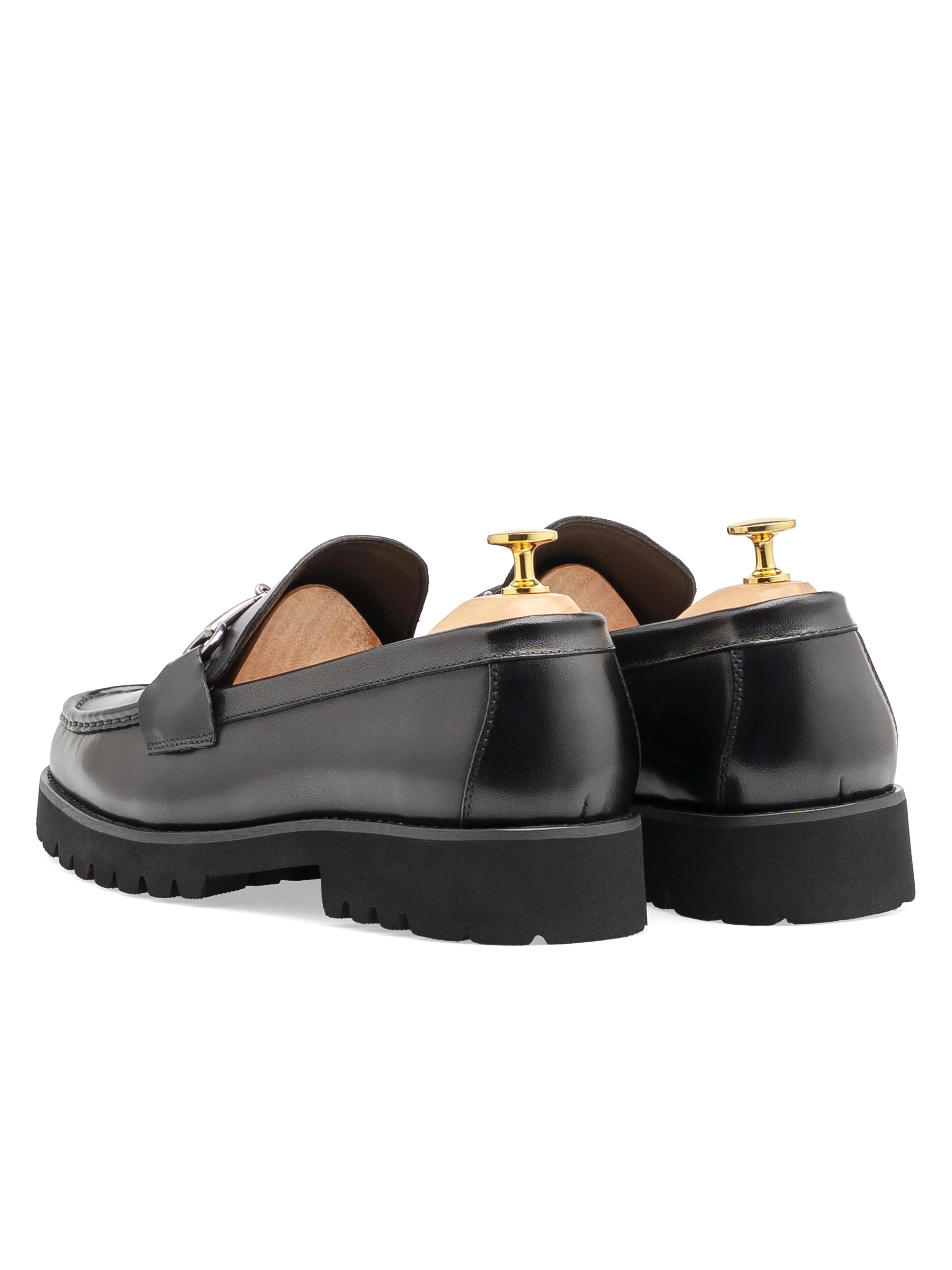 Penny Loafer mit Pferdebit-Silberschnalle - Schwarzes Leder (Eva Combat)