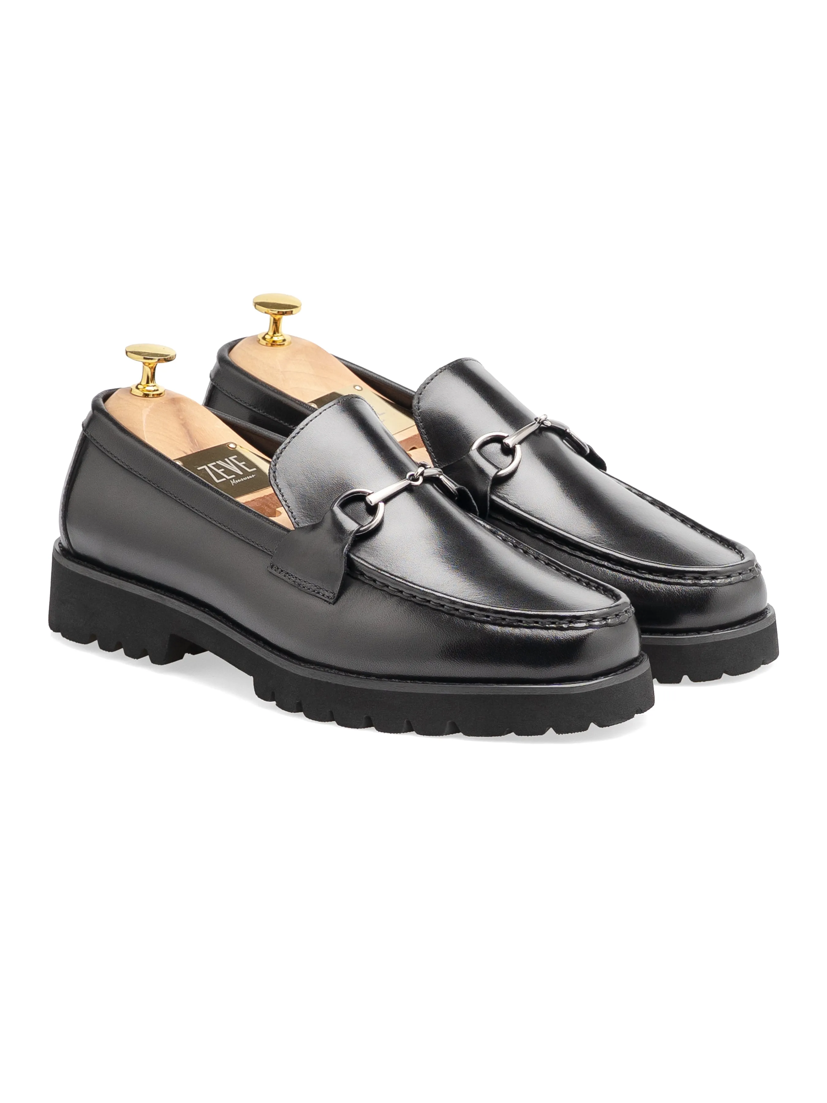 Penny Loafer mit Pferdebit-Silberschnalle - Schwarzes Leder (Eva Combat)
