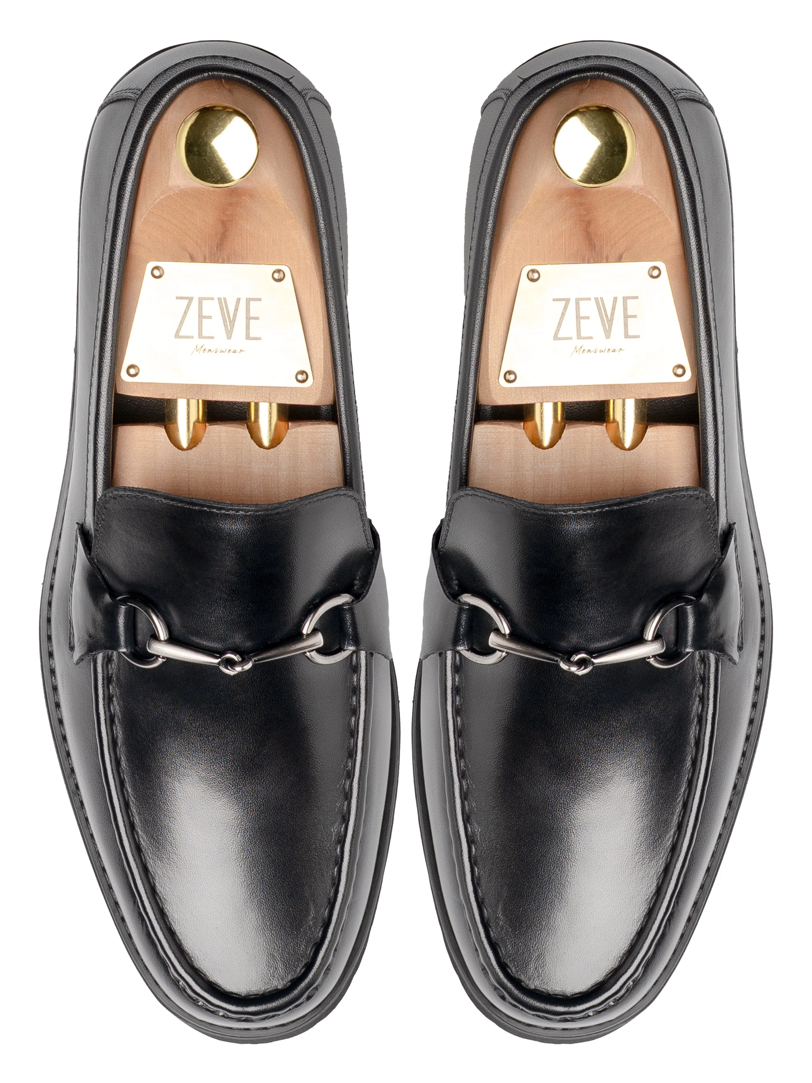 Penny Loafer mit Pferdebit-Silberschnalle - Schwarzes Leder (Eva Combat)