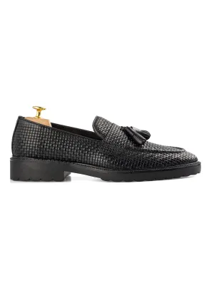 Rocky Tassel Loafer - Schwarzes Gewebtes Leder (Kampfsohle)