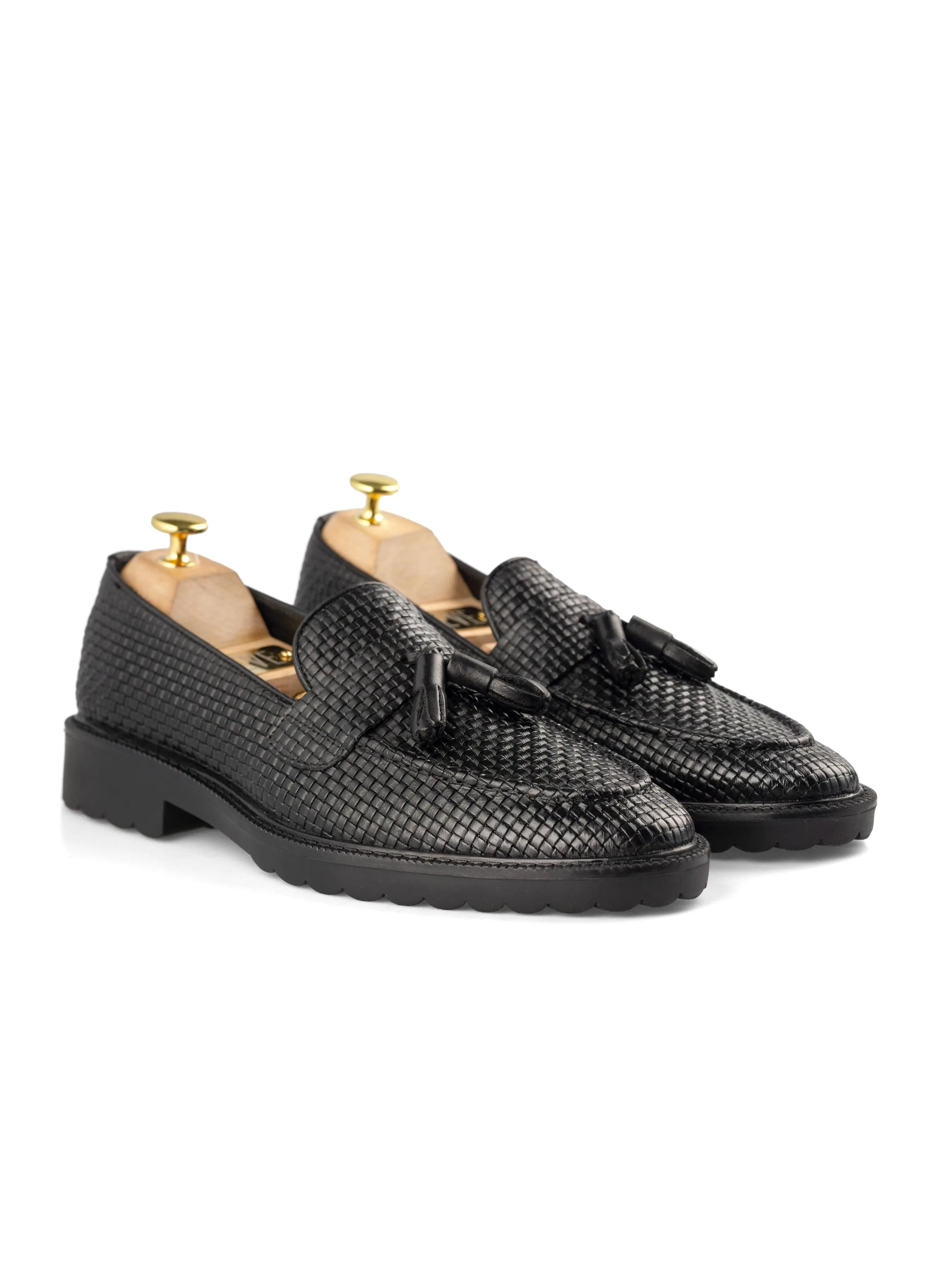 Rocky Tassel Loafer - Schwarzes Gewebtes Leder (Kampfsohle)