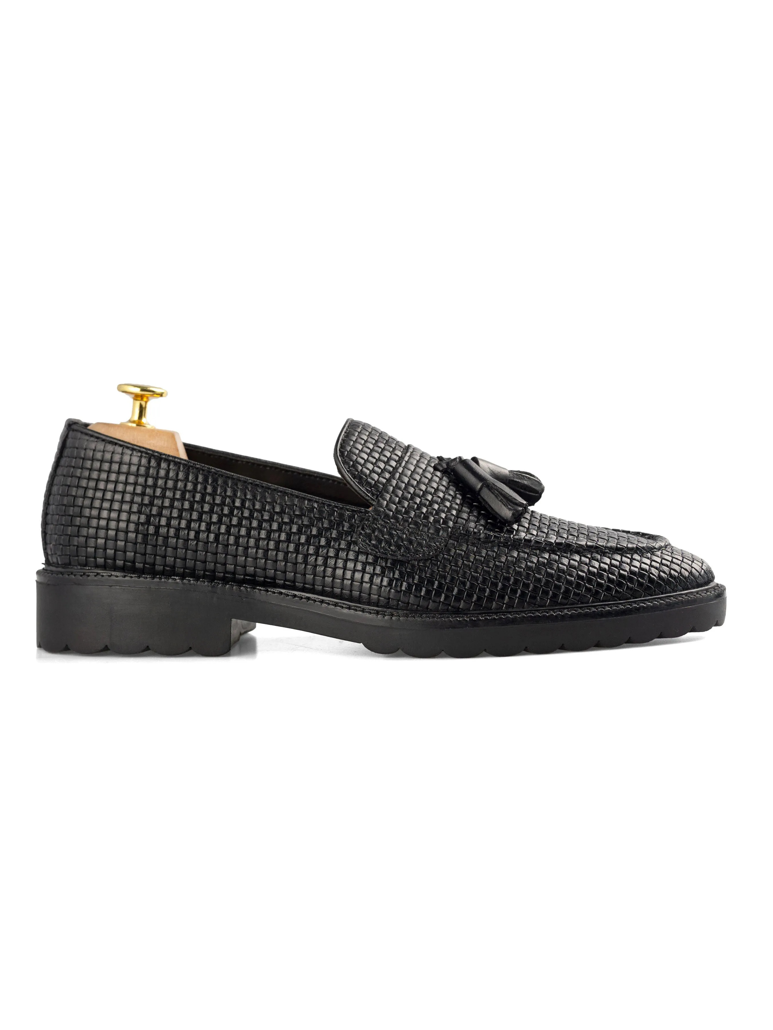 Rocky Tassel Loafer - Schwarzes Gewebtes Leder (Kampfsohle)