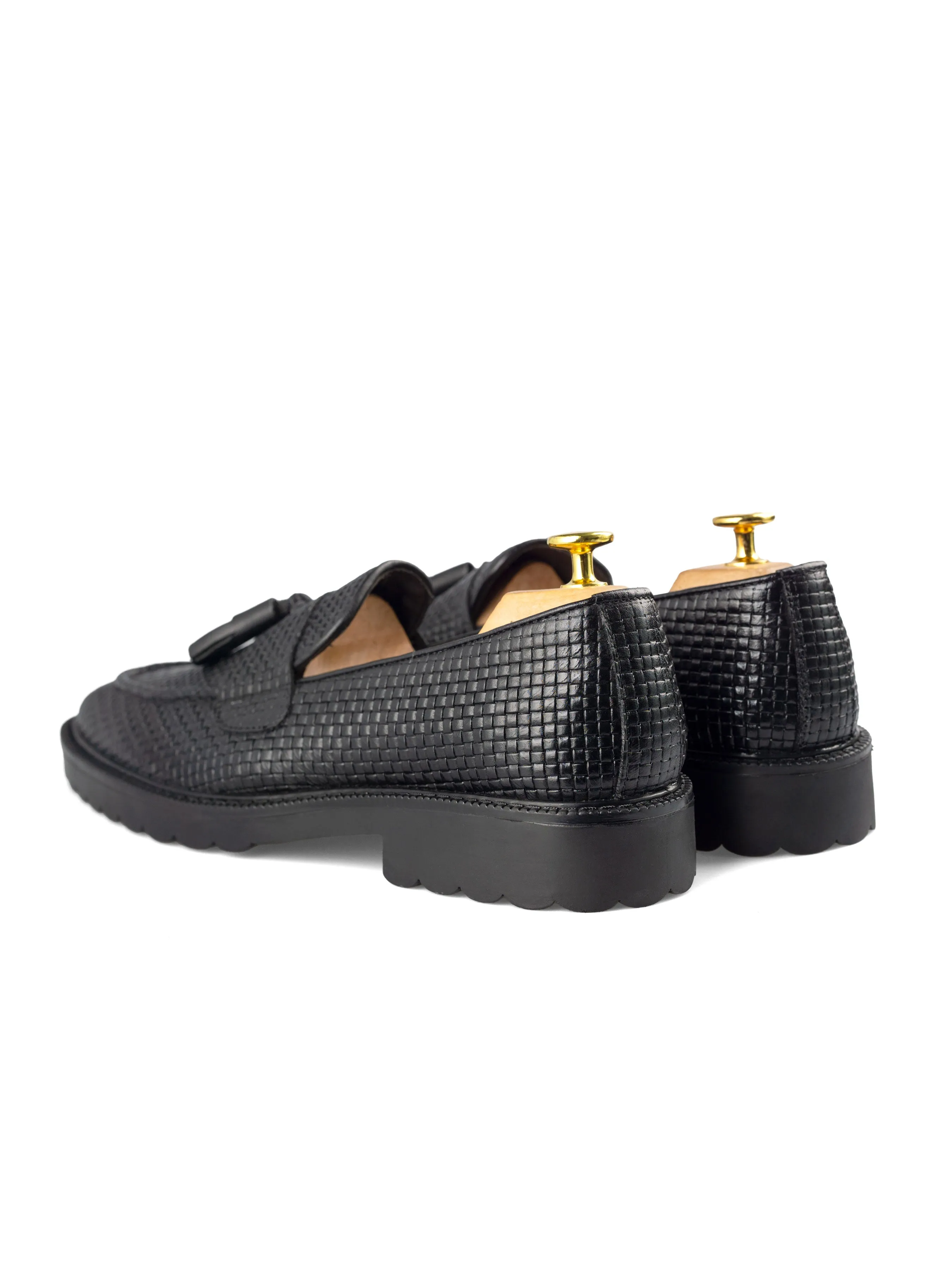 Rocky Tassel Loafer - Schwarzes Gewebtes Leder (Kampfsohle)